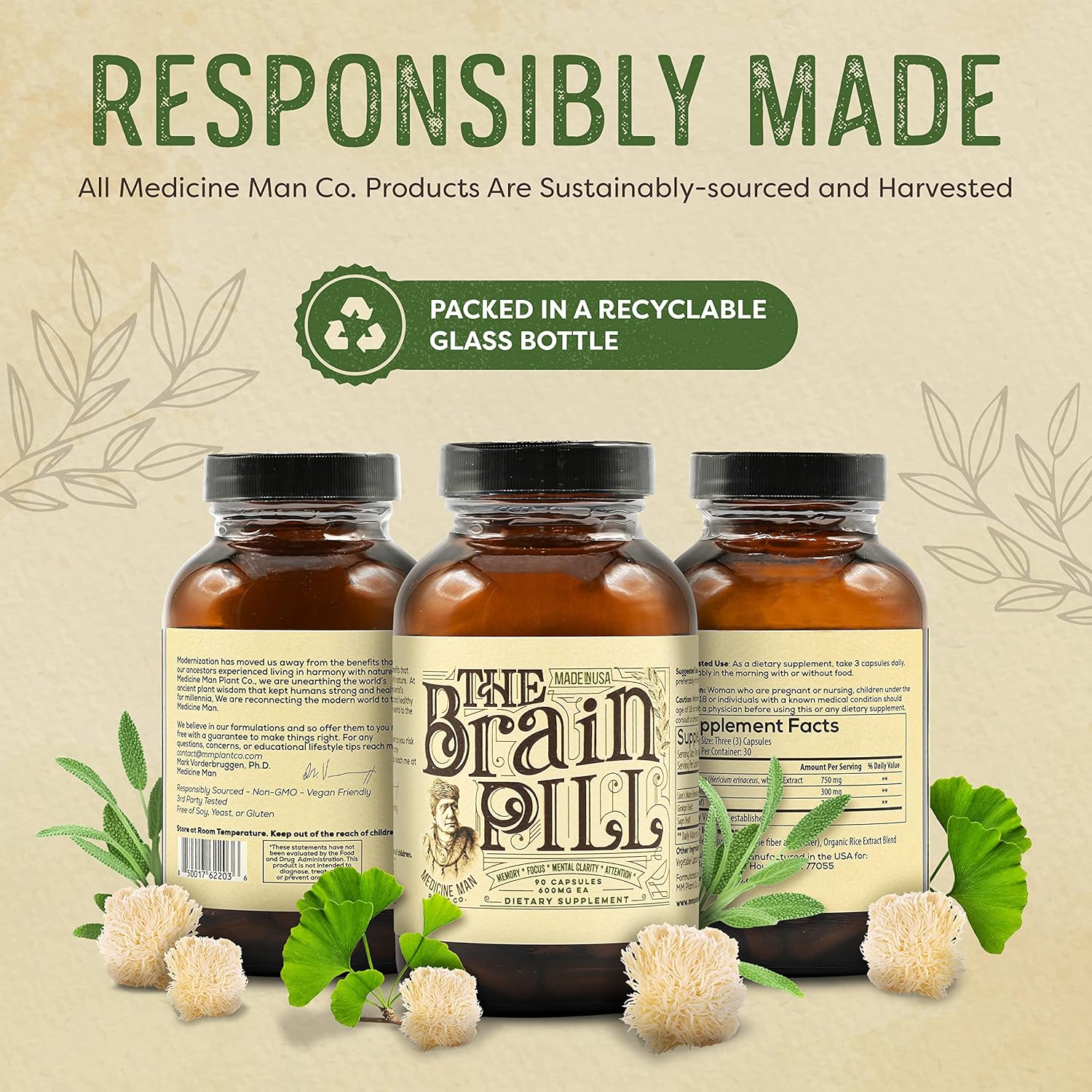 Organic Brain Booster Supplement Capsules with Ginkgo Biloba, Lion’s Mane, and Sage - Memory Pills for Focus, Clarity, and Energy - 90 Capsules by Medicine Man Plant Co