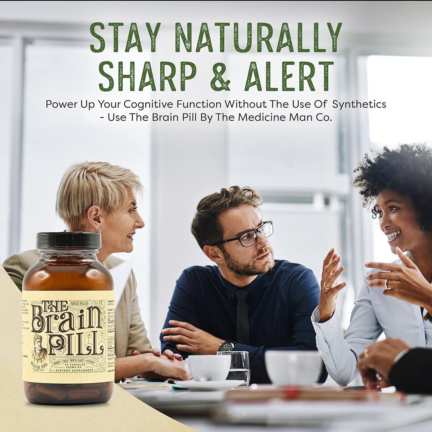 Organic Brain Booster Supplement Capsules with Ginkgo Biloba, Lion’s Mane, and Sage - Memory Pills for Focus, Clarity, and Energy - 90 Capsules by Medicine Man Plant Co