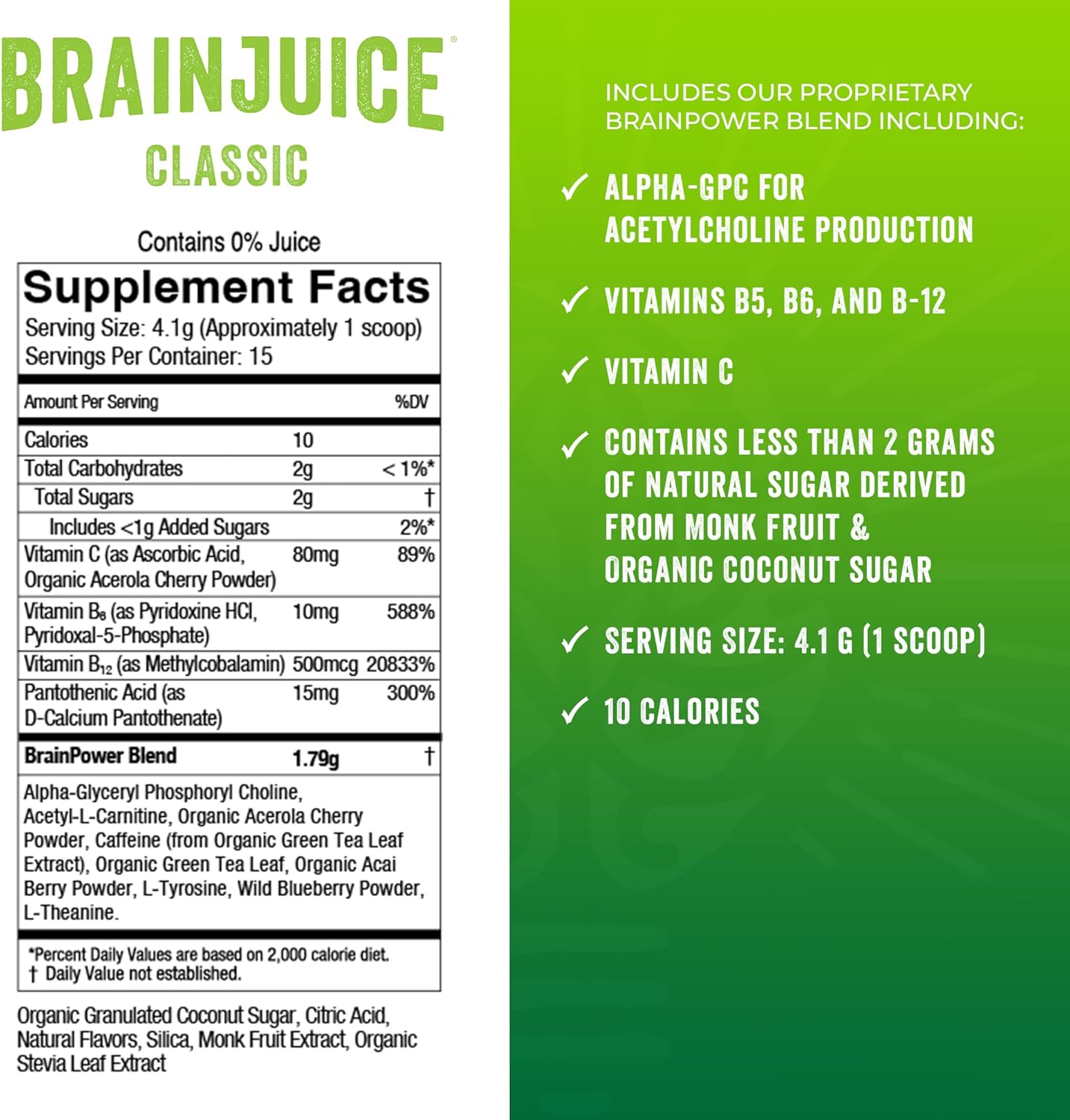 Organic BrainJuice Nootropic Powder Drink Mix for Energy and Focus, Gluten Free with L Theanine, Alpha GPC, Vitamin B, Green Tea Extract, Caffeine - 15 Servings