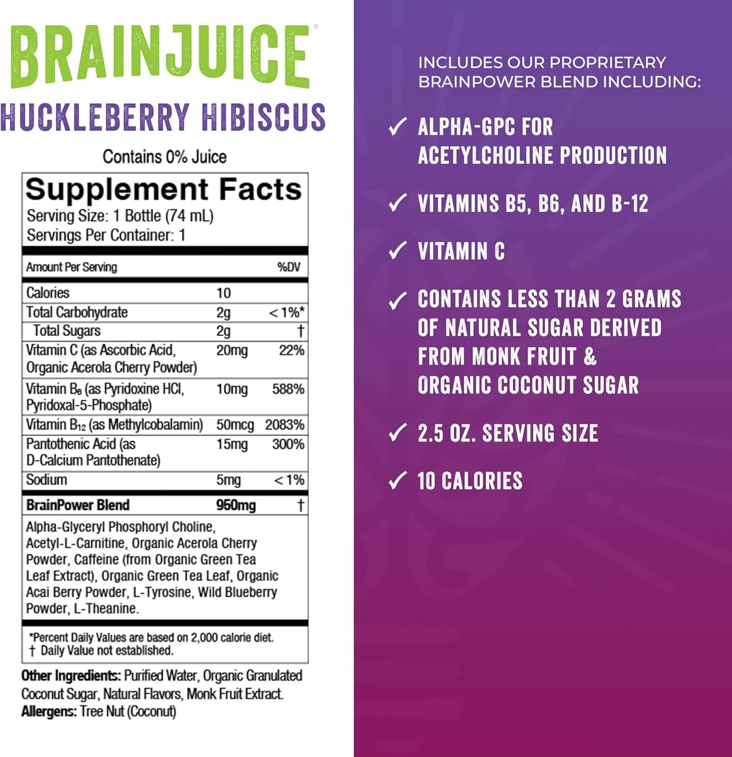 Organic BrainJuice Shot for Energy, Focus, and Immunity - Vitamin D, C, B, Alpha GPC, Ginger Root - Gluten Free, Huckleberry Hibiscus Flavor - 2.5 fl oz, 12 Pack