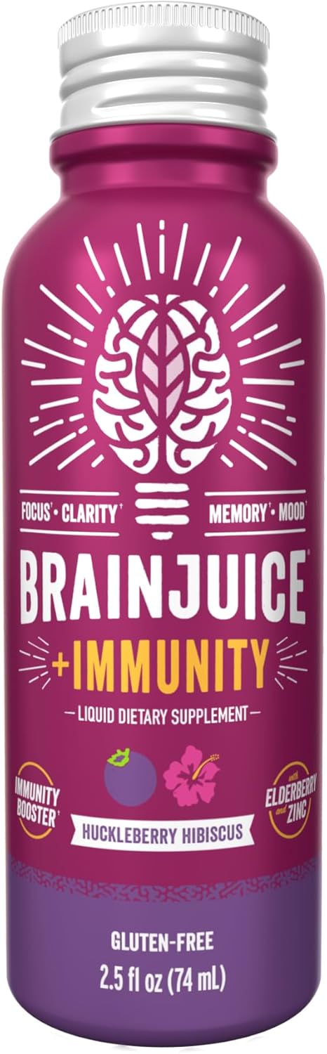 Organic BrainJuice Shot for Energy, Focus, and Immunity - Vitamin D, C, B, Alpha GPC, Ginger Root - Gluten Free, Huckleberry Hibiscus Flavor - 2.5 fl oz, 12 Pack