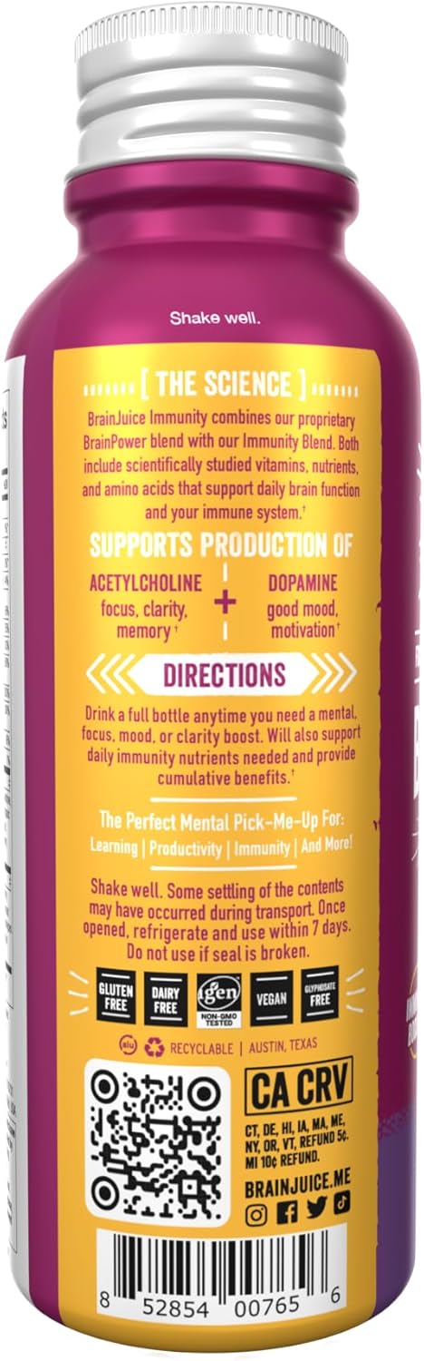 Organic BrainJuice Shot for Energy, Focus, and Immunity - Vitamin D, C, B, Alpha GPC, Ginger Root - Gluten Free, Huckleberry Hibiscus Flavor - 2.5 fl oz, 12 Pack