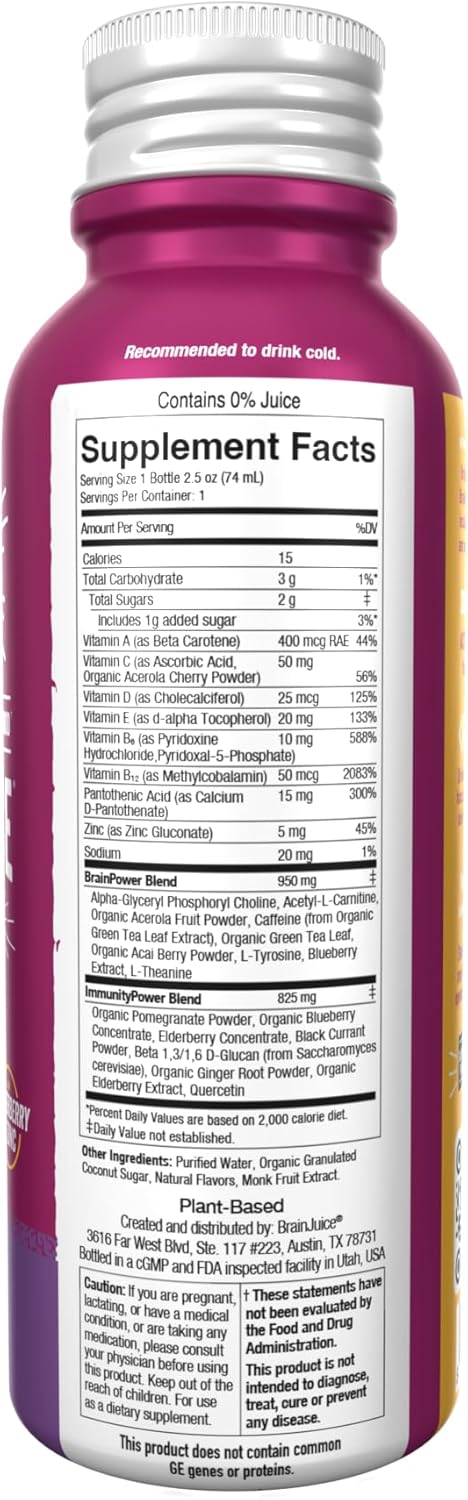Organic BrainJuice Shot for Energy, Focus, and Immunity - Vitamin D, C, B, Alpha GPC, Ginger Root - Gluten Free, Huckleberry Hibiscus Flavor - 2.5 fl oz, 12 Pack