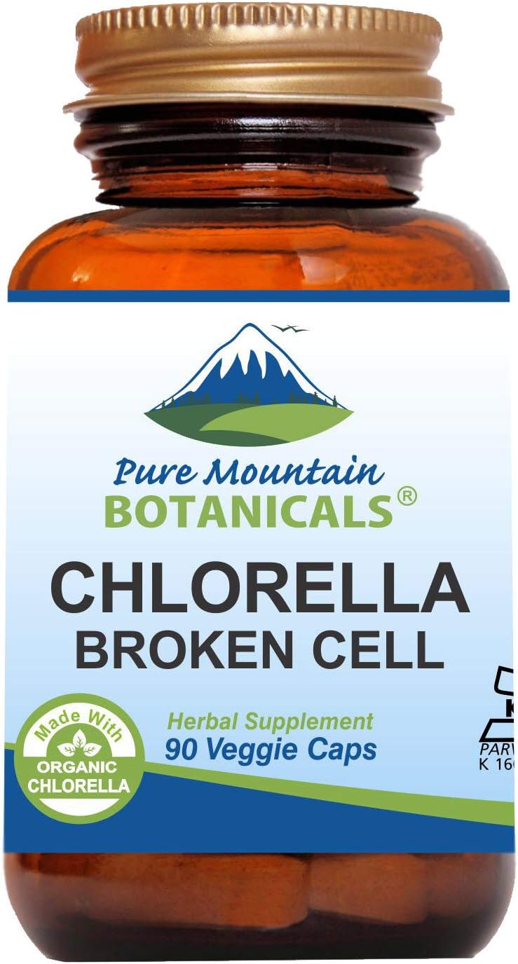 Organic Broken Cell Wall Chlorella Capsules - 90 Vegan Kosher Capsules with 500mg Powder