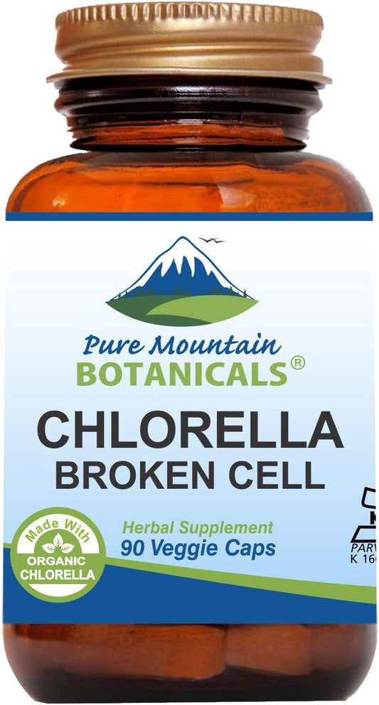 Organic Broken Cell Wall Chlorella Capsules - 90 Vegan Kosher Capsules with 500mg Powder