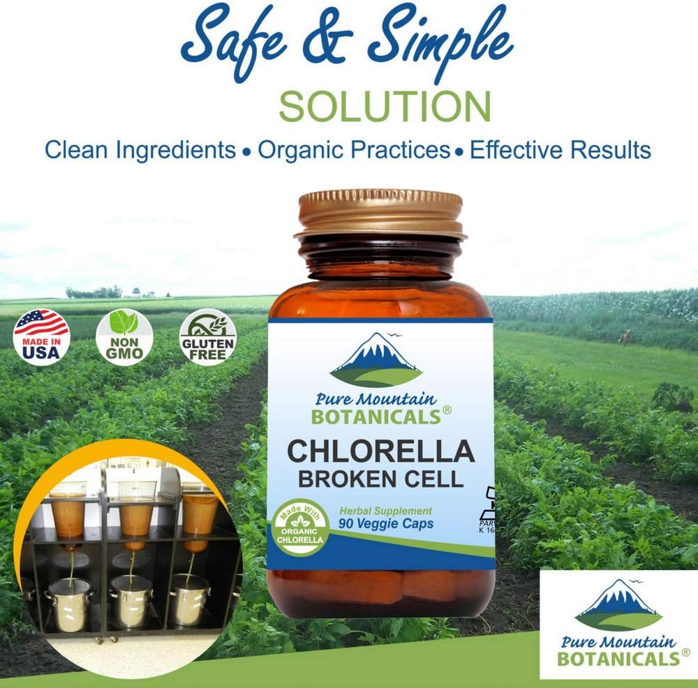 Organic Broken Cell Wall Chlorella Capsules - 90 Vegan Kosher Capsules with 500mg Powder