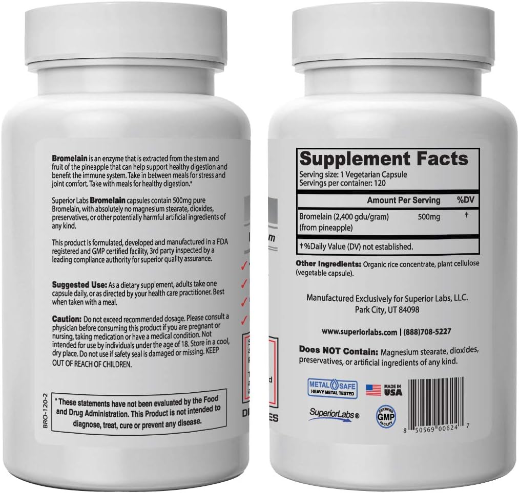Organic Bromelain 500mg Supplement for Digestion & Cardiovascular Health - 120 Vcaps - Non GMO & High GDU/Gram