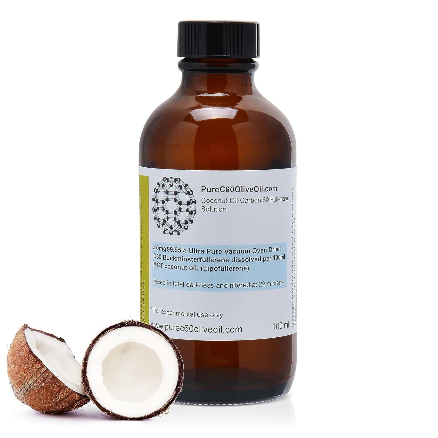 Organic C60 Coconut Oil 100ml - 40mg Carbon 60 - Solvent Free - Food Grade - Amber Glass Bottle - PureC60OliveOil