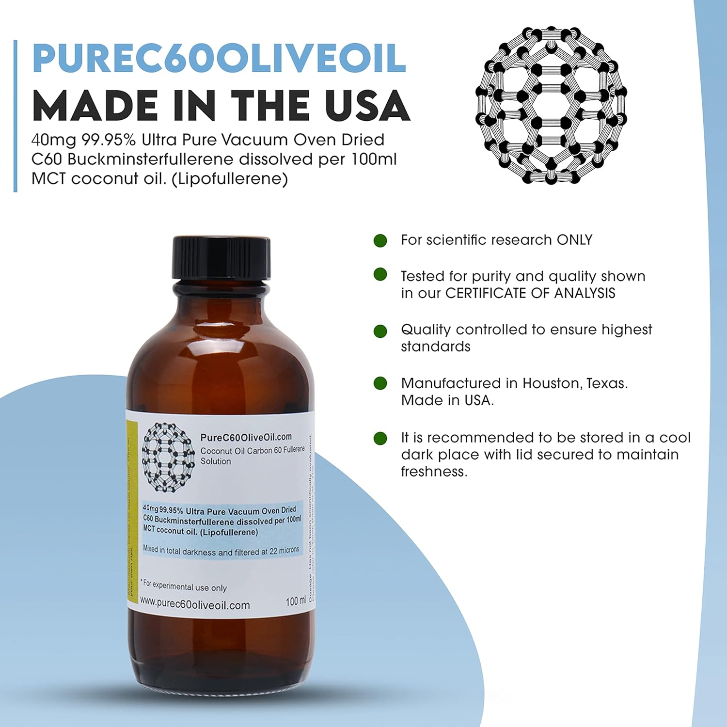 Organic C60 Coconut Oil 100ml - 40mg Carbon 60 - Solvent Free - Food Grade - Amber Glass Bottle - PureC60OliveOil