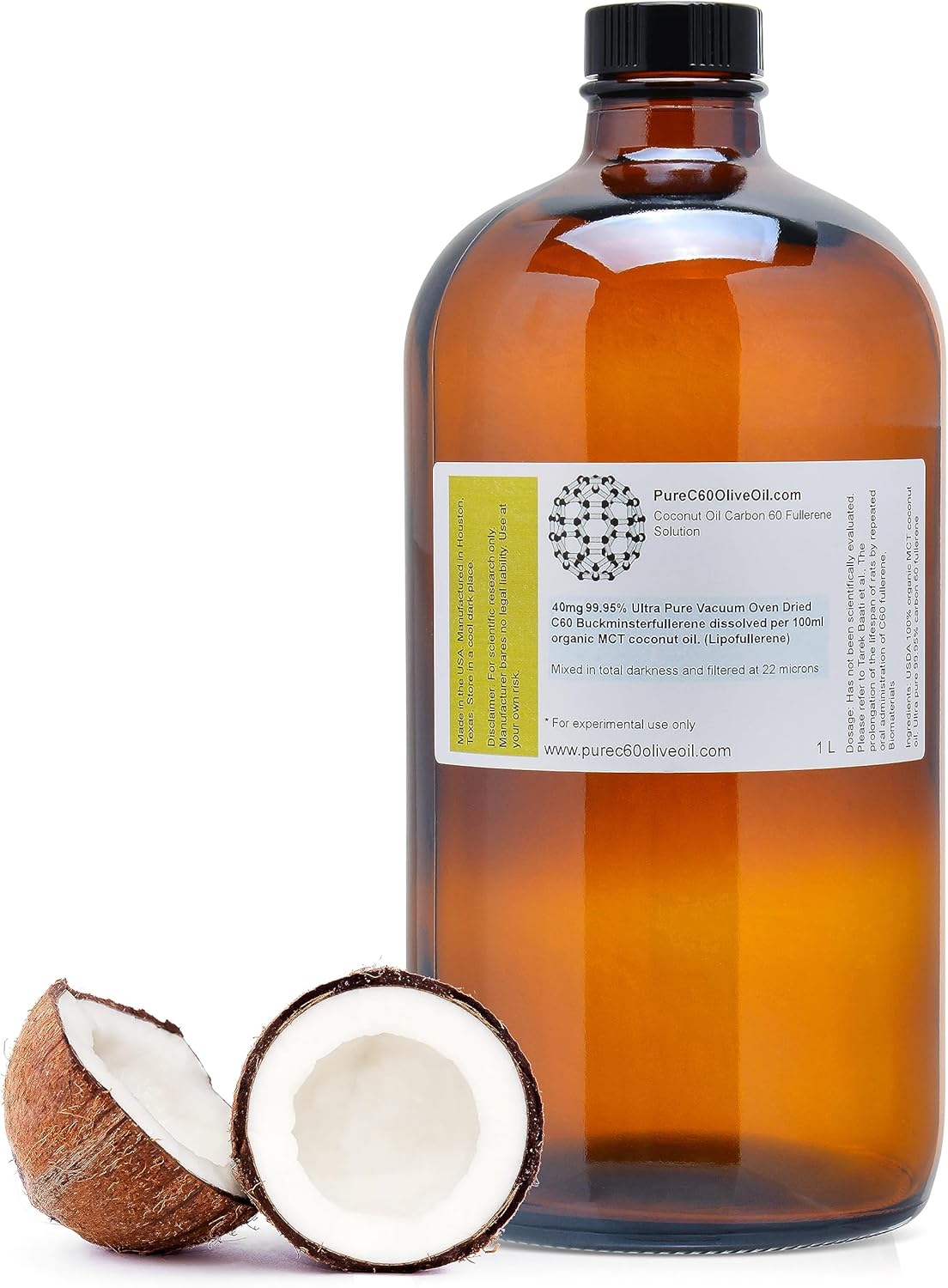 Organic C60 Coconut Oil 1L - 99.95% Carbon 60 Solvent Free - Amber Glass Bottle - Global Producer