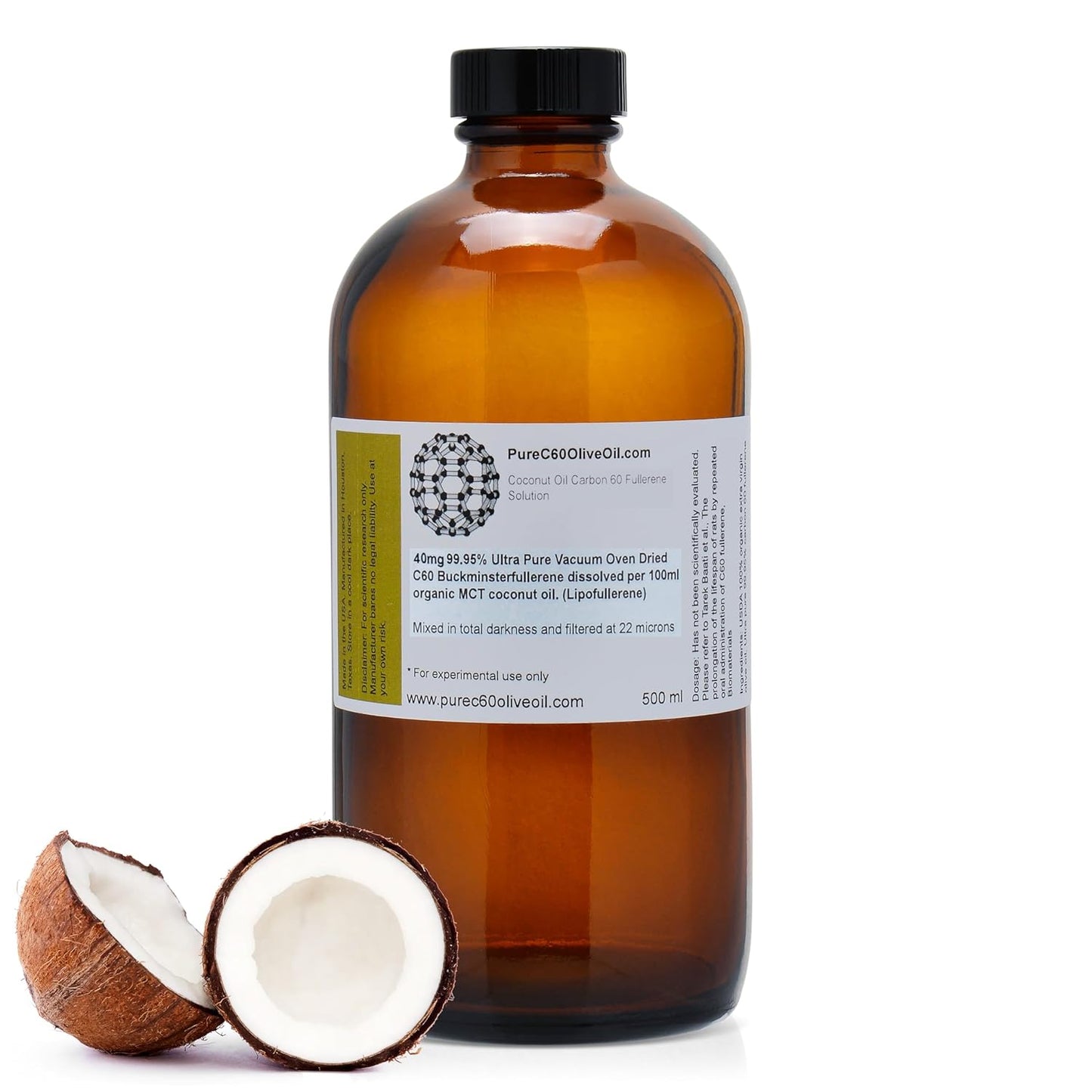 Organic C60 Coconut Oil 500ml - 99.95% Carbon 60 - Solvent-Free MCT Oil - Amber Glass Bottle - Leading Global Producer