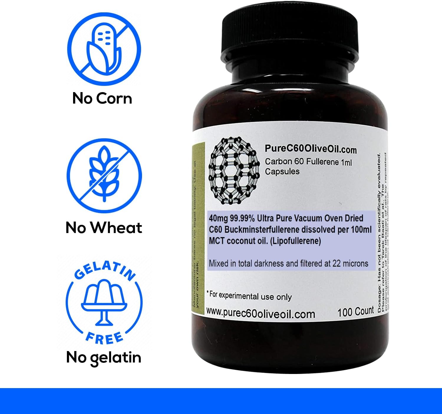 Organic C60 MCT Coconut Oil Capsules - 40mg 100ml - Food Grade 99.99% Carbon 60 - Solvent Free - Global Producer