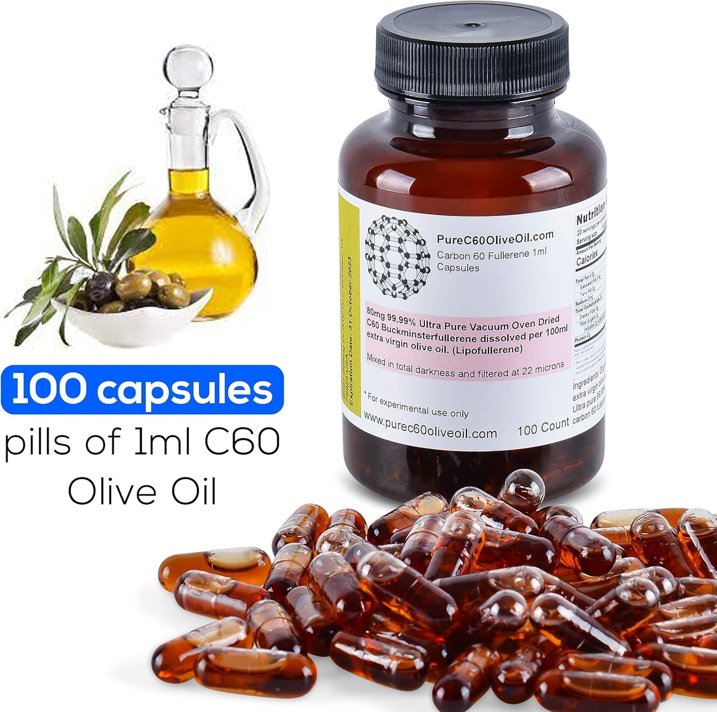 Organic C60 Olive Oil Capsules 100ml - 80mg Food Grade Carbon 60 Solvent Free - Global Leading Producer