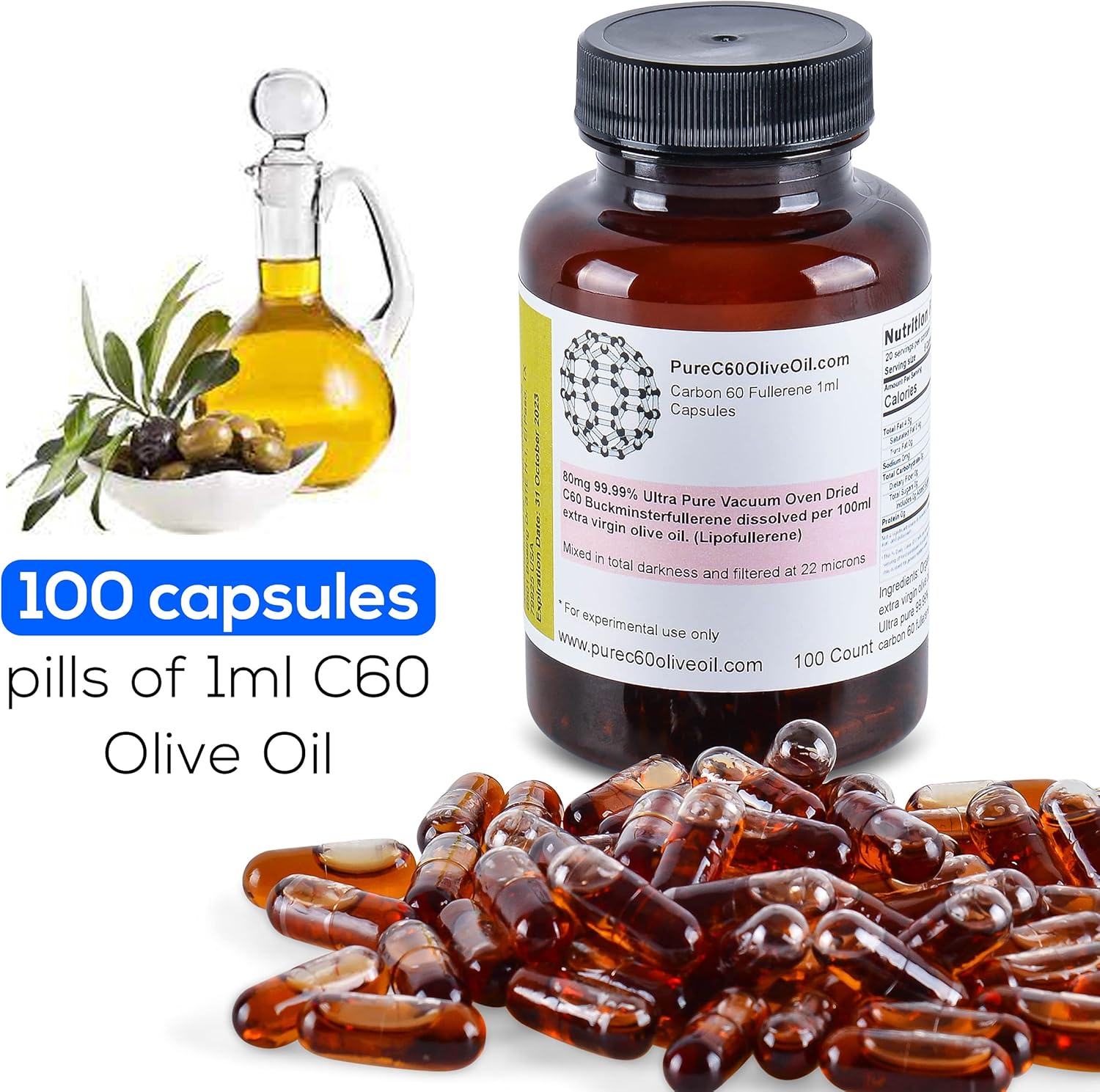 Organic C60 Olive Oil Capsules 100ml - 80mg Food Grade Carbon 60 Solvent Free - Global Leading Producer
