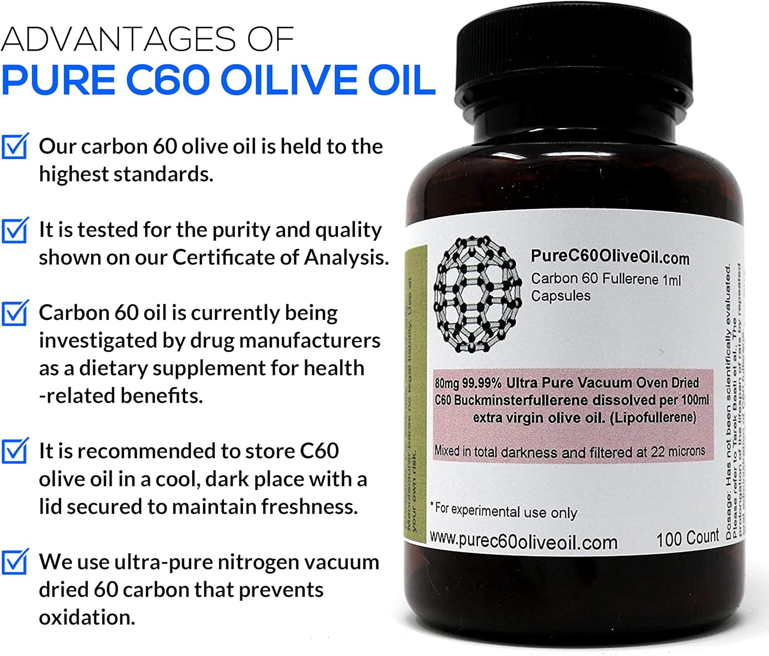 Organic C60 Olive Oil Capsules 100ml - 80mg Food Grade Carbon 60 Solvent Free - Global Leading Producer