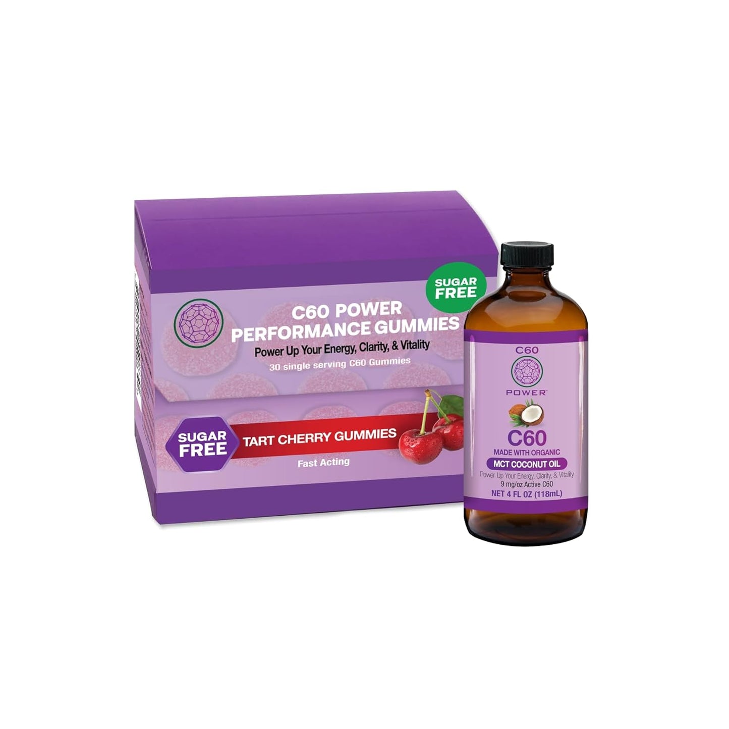 Organic C60 Power Sampler Kit with Coconut MCT Oil and Sugar-Free Tart Cherry Gummies - 4oz Oil, 30 Count Gummies