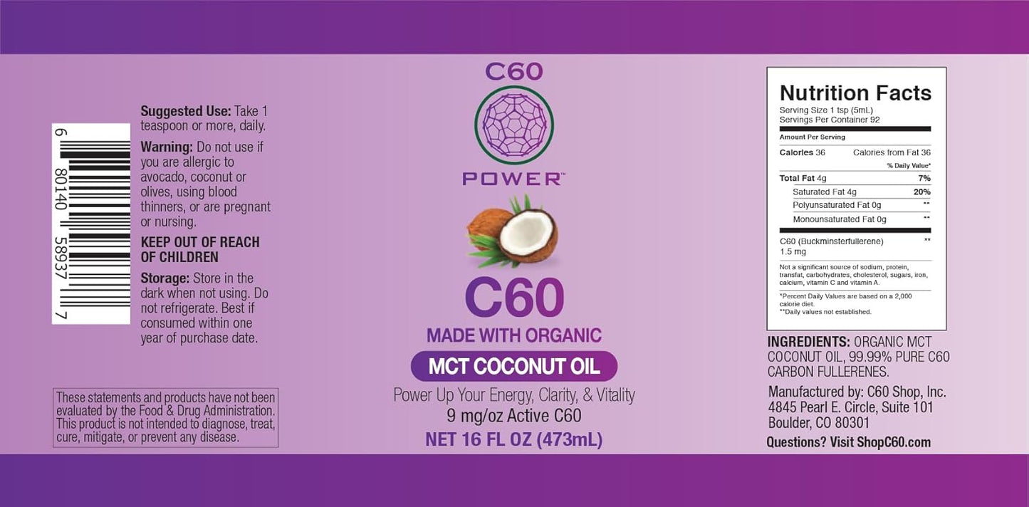 Organic C60 Purple Power MCT Coconut Oil with 99.99% Pure Carbon Fullerenes - 16 oz