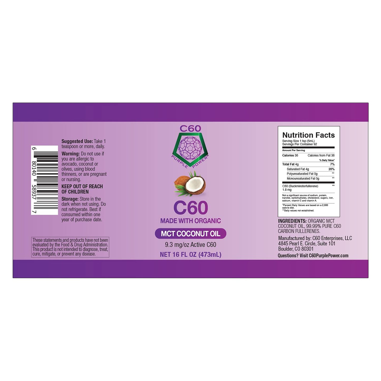 Organic C60 Purple Power MCT Coconut Oil with 99.99% Pure Carbon Fullerenes - 16 oz