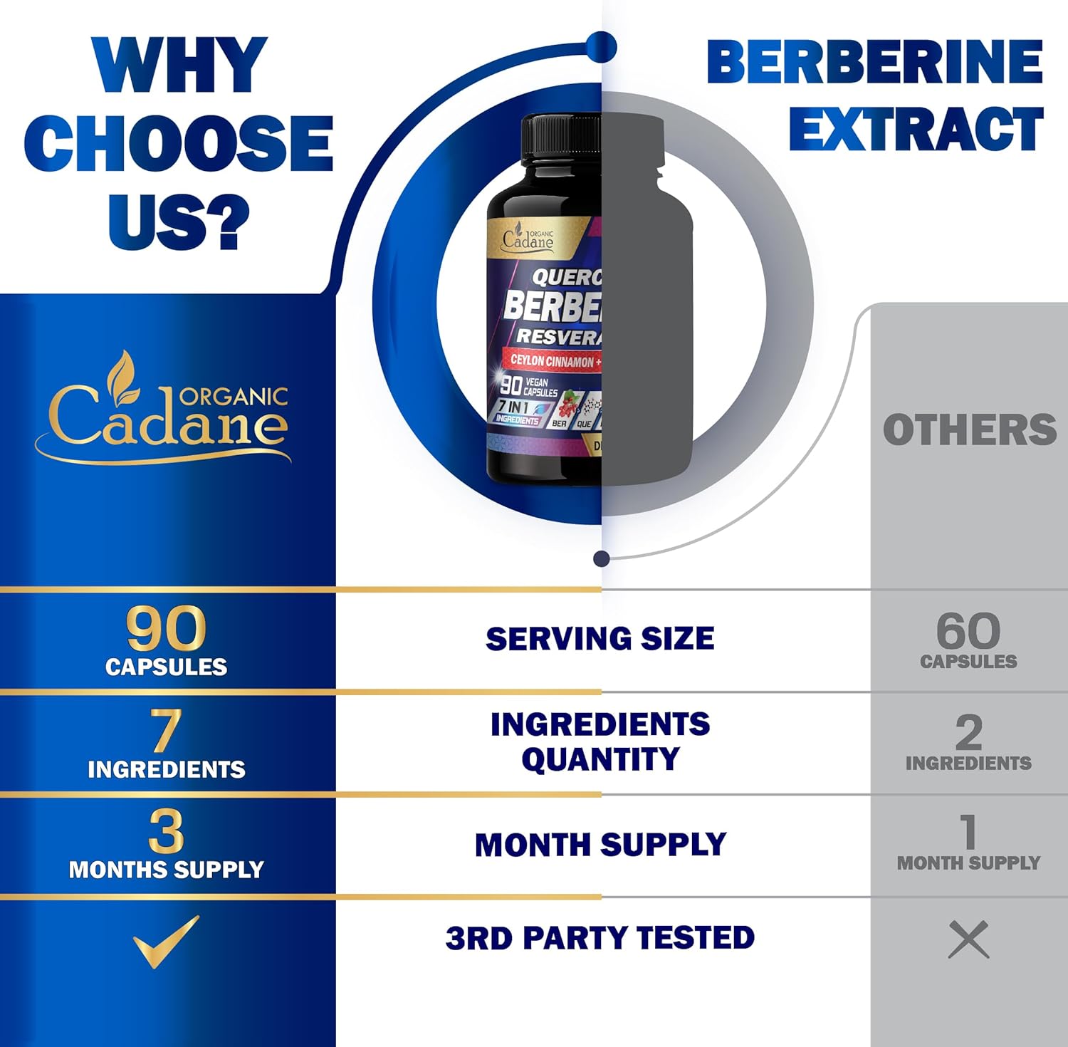 Organic Cadane 7in1 Pure Berberine Supplement - 90 Capsules for Immunity Health Support - 3-Month Supply with Quercetin, Ceylon Cinnamon, Resveratrol, Milk Thistle, Grape Seed, and Black Pepper
