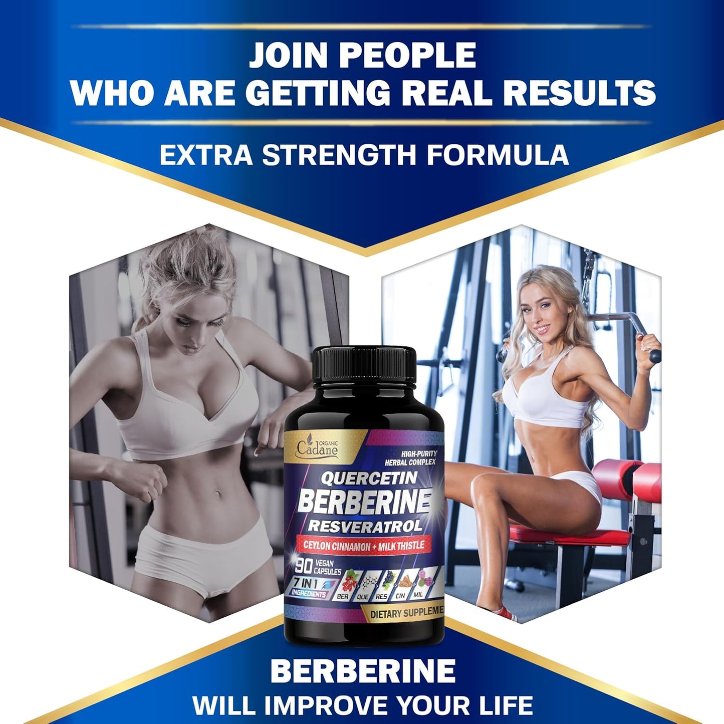 Organic Cadane 7in1 Pure Berberine Supplement - 90 Capsules for Immunity Health Support - 3-Month Supply with Quercetin, Ceylon Cinnamon, Resveratrol, Milk Thistle, Grape Seed, and Black Pepper