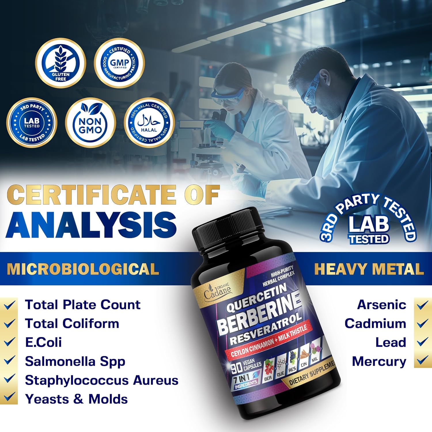 Organic Cadane 7in1 Pure Berberine Supplement - 90 Capsules for Immunity Health Support - 3-Month Supply with Quercetin, Ceylon Cinnamon, Resveratrol, Milk Thistle, Grape Seed, and Black Pepper