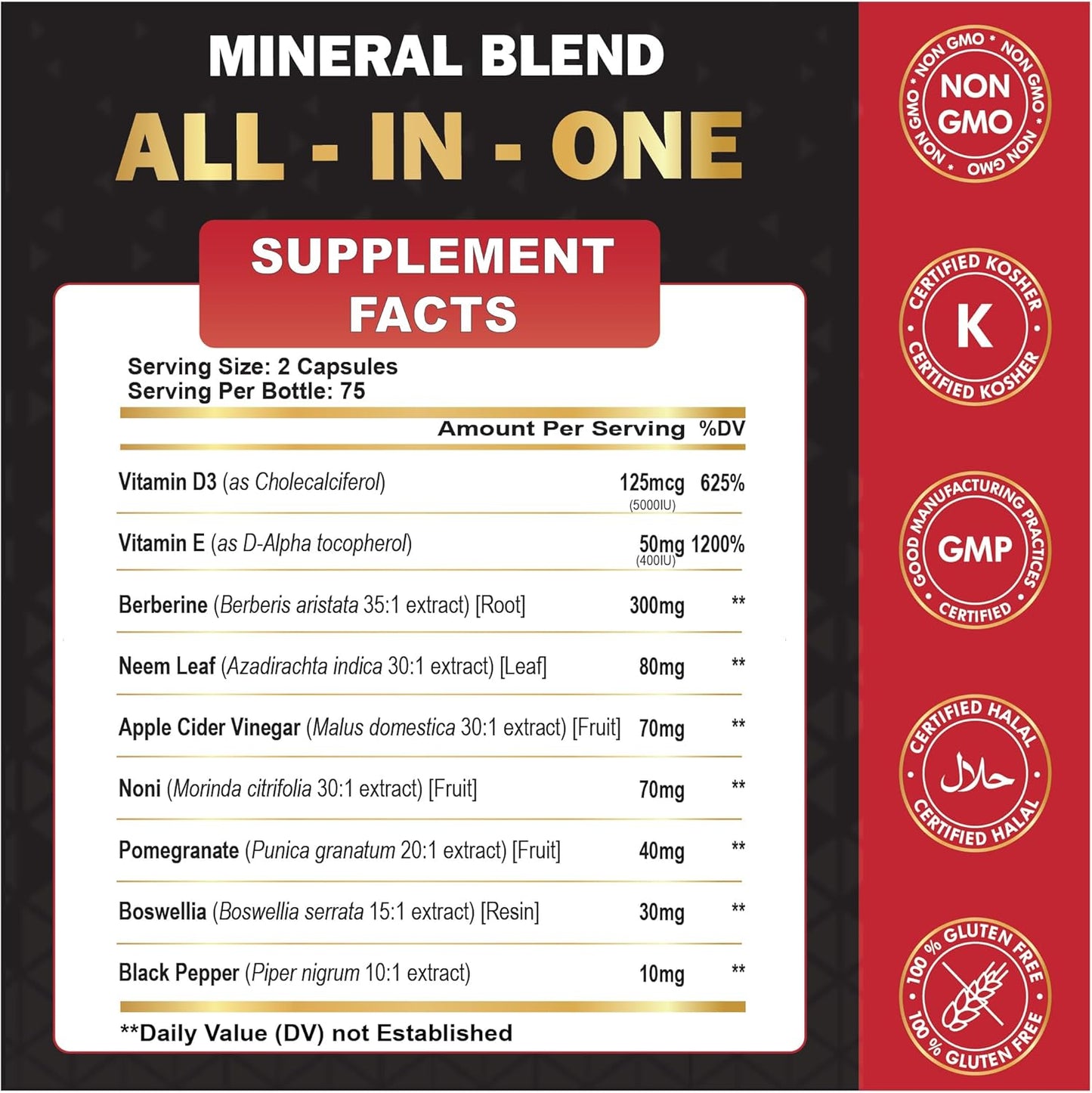 Organic Cadane Berberine Extract Capsules with Neem Leaf, Apple Cider Vinegar, Vitamin D3 & E - Immune System & Digestive Support