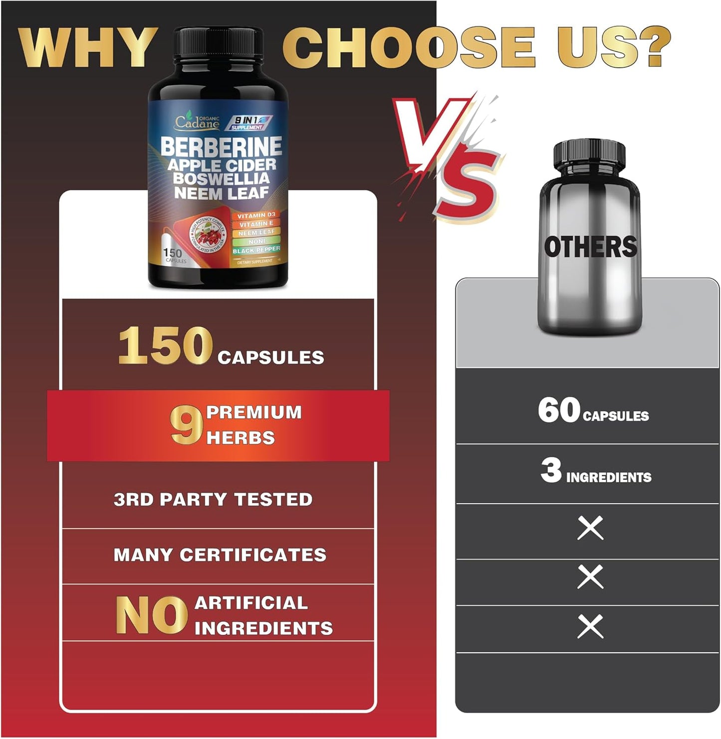 Organic Cadane Berberine Extract Capsules with Neem Leaf, Apple Cider Vinegar, Vitamin D3 & E - Immune System & Digestive Support