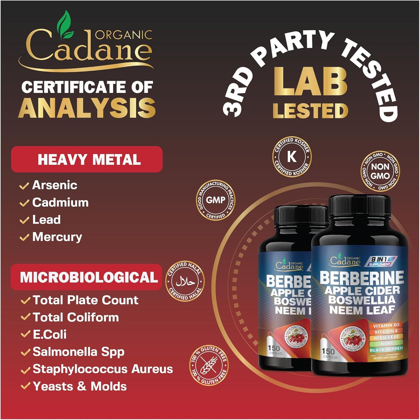 Organic Cadane Berberine Extract Capsules with Neem Leaf, Apple Cider Vinegar, Vitamin D3 & E - Immune System & Digestive Support