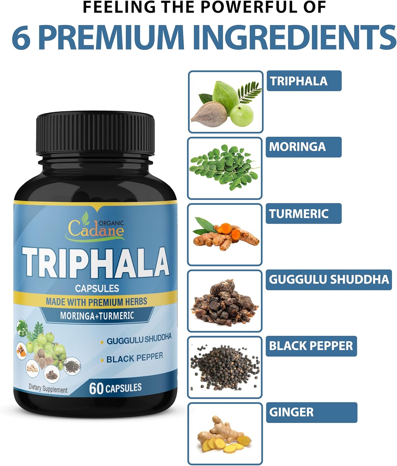 Organic Cadane Triphala Extract Capsules with Turmeric, Moringa, Guggul, Ginger, Black Pepper - 60 Capsules for 2 Months Supply