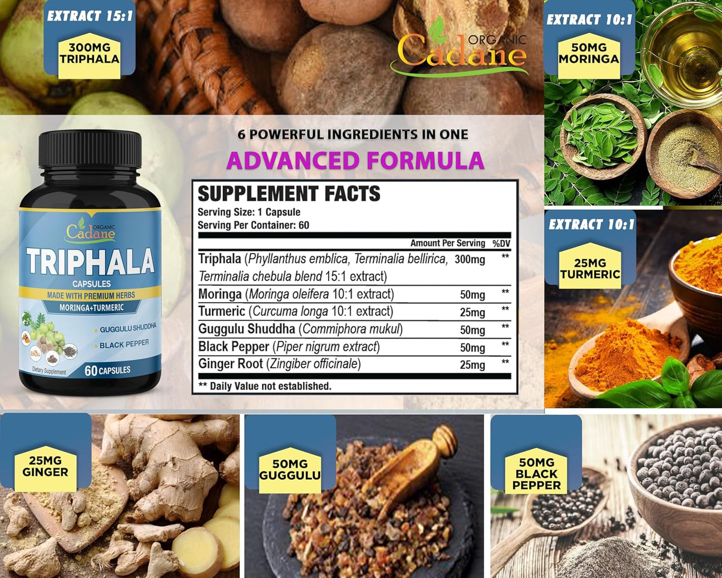 Organic Cadane Triphala Extract Capsules with Turmeric, Moringa, Guggul, Ginger, Black Pepper - 60 Capsules for 2 Months Supply