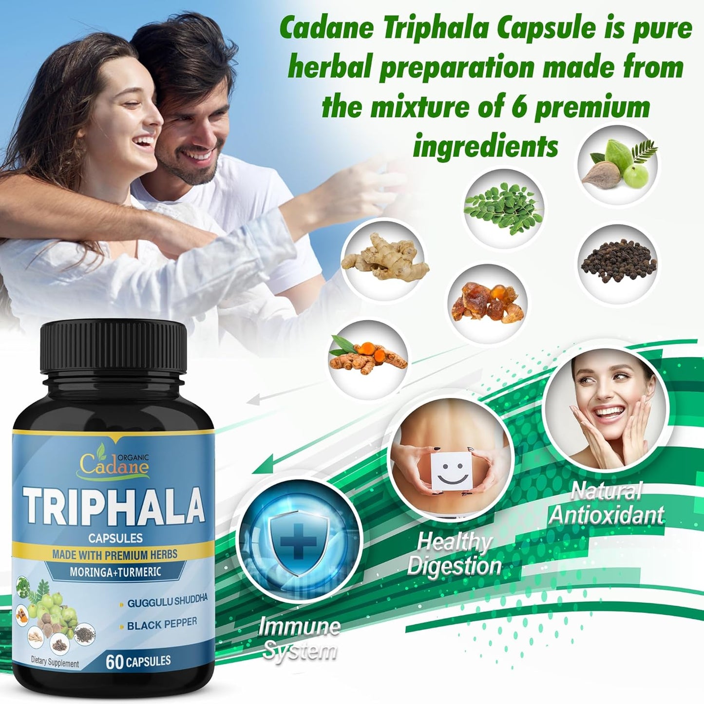 Organic Cadane Triphala Extract Capsules with Turmeric, Moringa, Guggul, Ginger, Black Pepper - 60 Capsules for 2 Months Supply