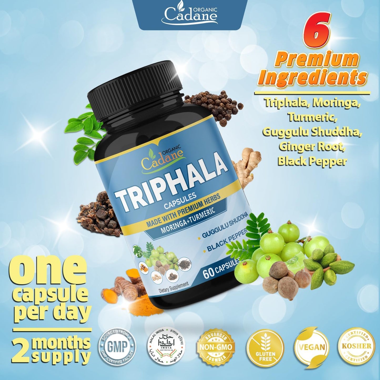 Organic Cadane Triphala Extract Capsules with Turmeric, Moringa, Guggul, Ginger, Black Pepper - 60 Capsules for 2 Months Supply