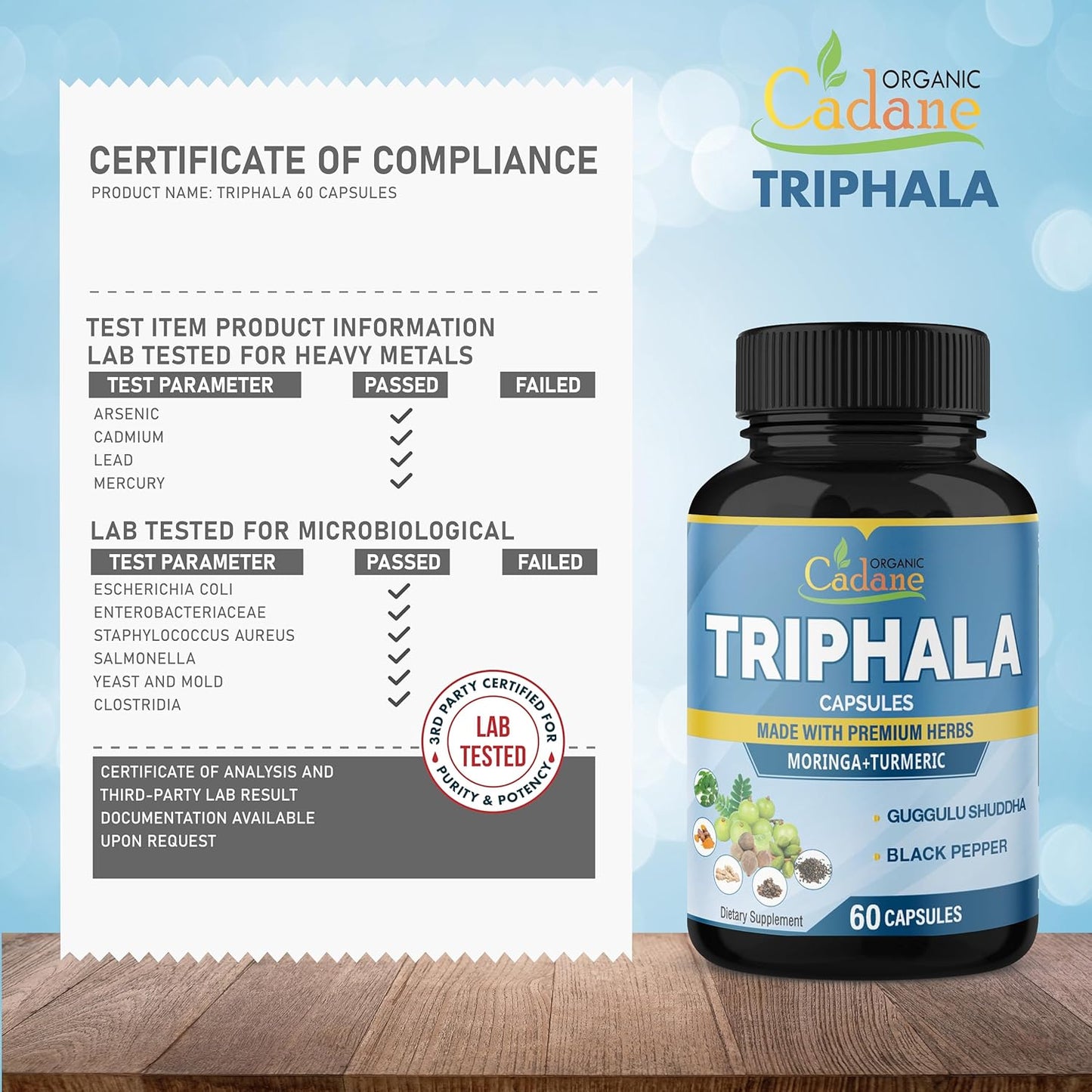 Organic Cadane Triphala Extract Capsules with Turmeric, Moringa, Guggul, Ginger, Black Pepper - 60 Capsules for 2 Months Supply