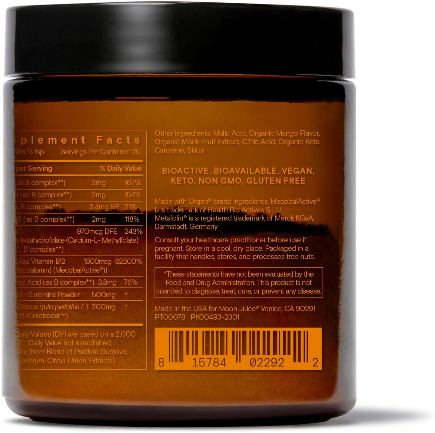 Organic Caffeine-Free Energy Supplement with Vitamin B Complex, Ginseng, Tulsi, and Guava - Moon Juice Ting Mango Jar - 25 Servings