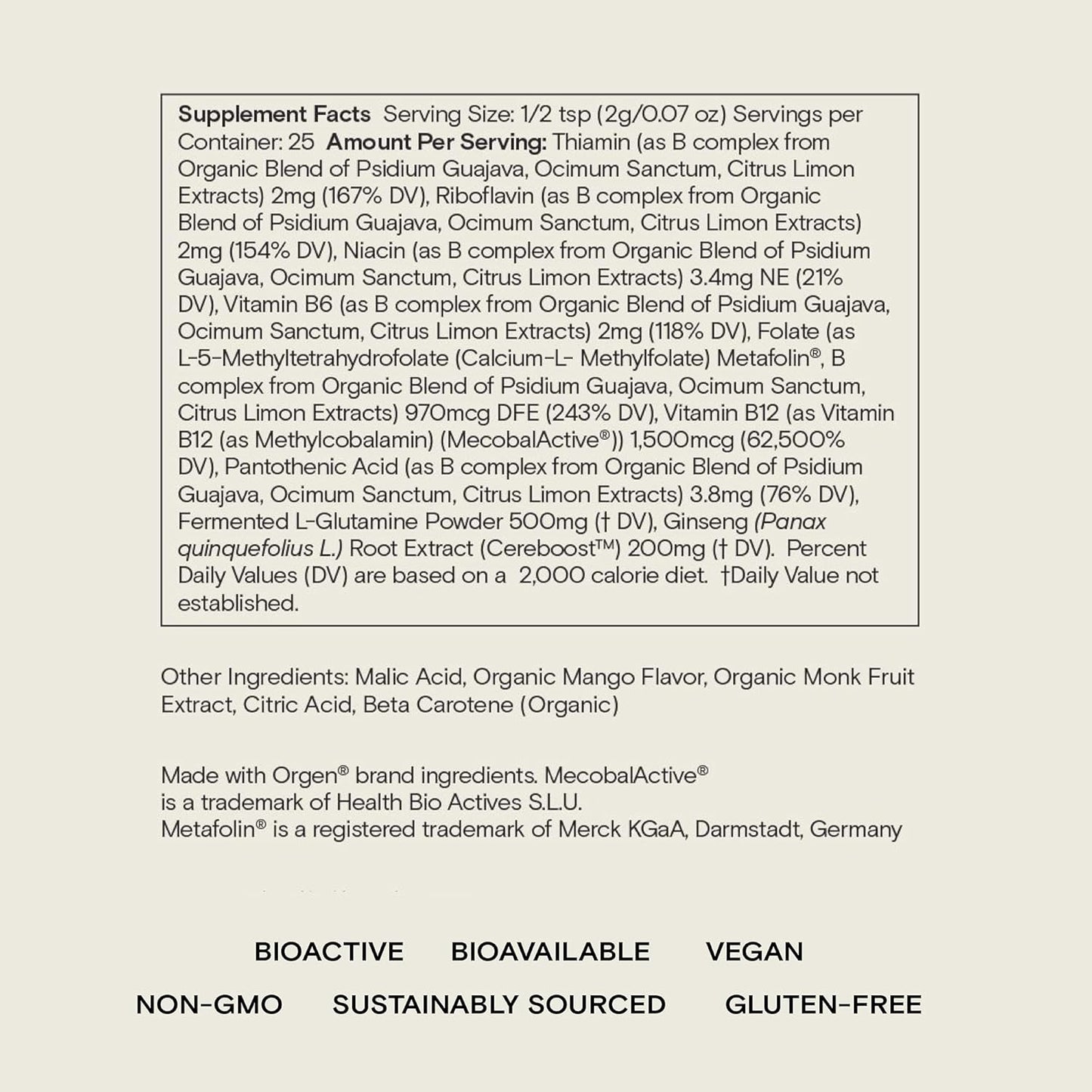 Organic Caffeine-Free Energy Supplement with Vitamin B Complex, Ginseng, Tulsi, and Guava - Moon Juice Ting Mango Jar - 25 Servings