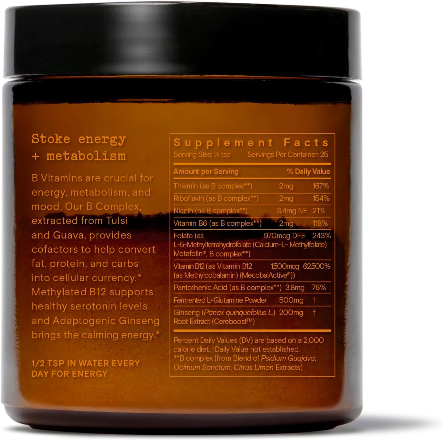 Organic Caffeine-Free Energy Supplement with Vitamin B Complex, Ginseng, Tulsi, and Guava - Moon Juice Ting Mango Jar - 25 Servings