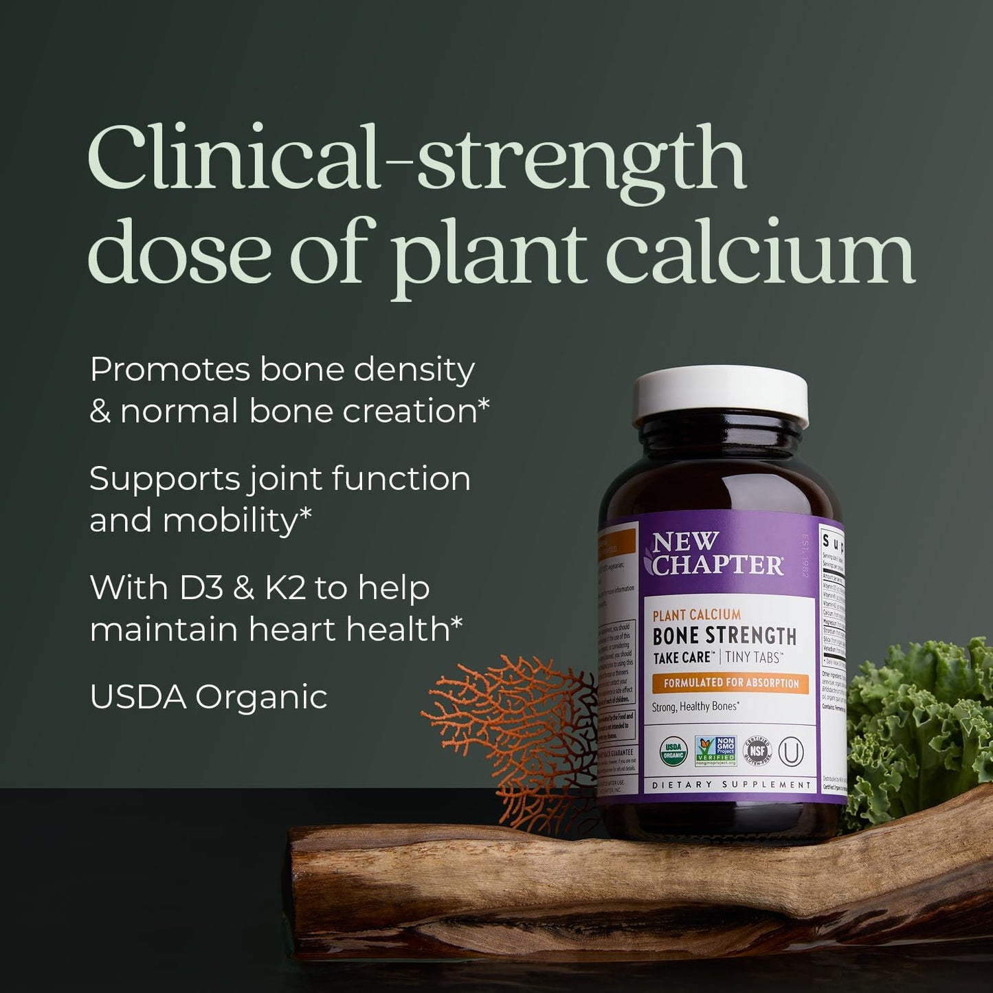 Organic Calcium Supplement with Magnesium, Vitamin D3+K2 for Bone Strength - 240 ct Easy-to-Swallow Tiny Tabs