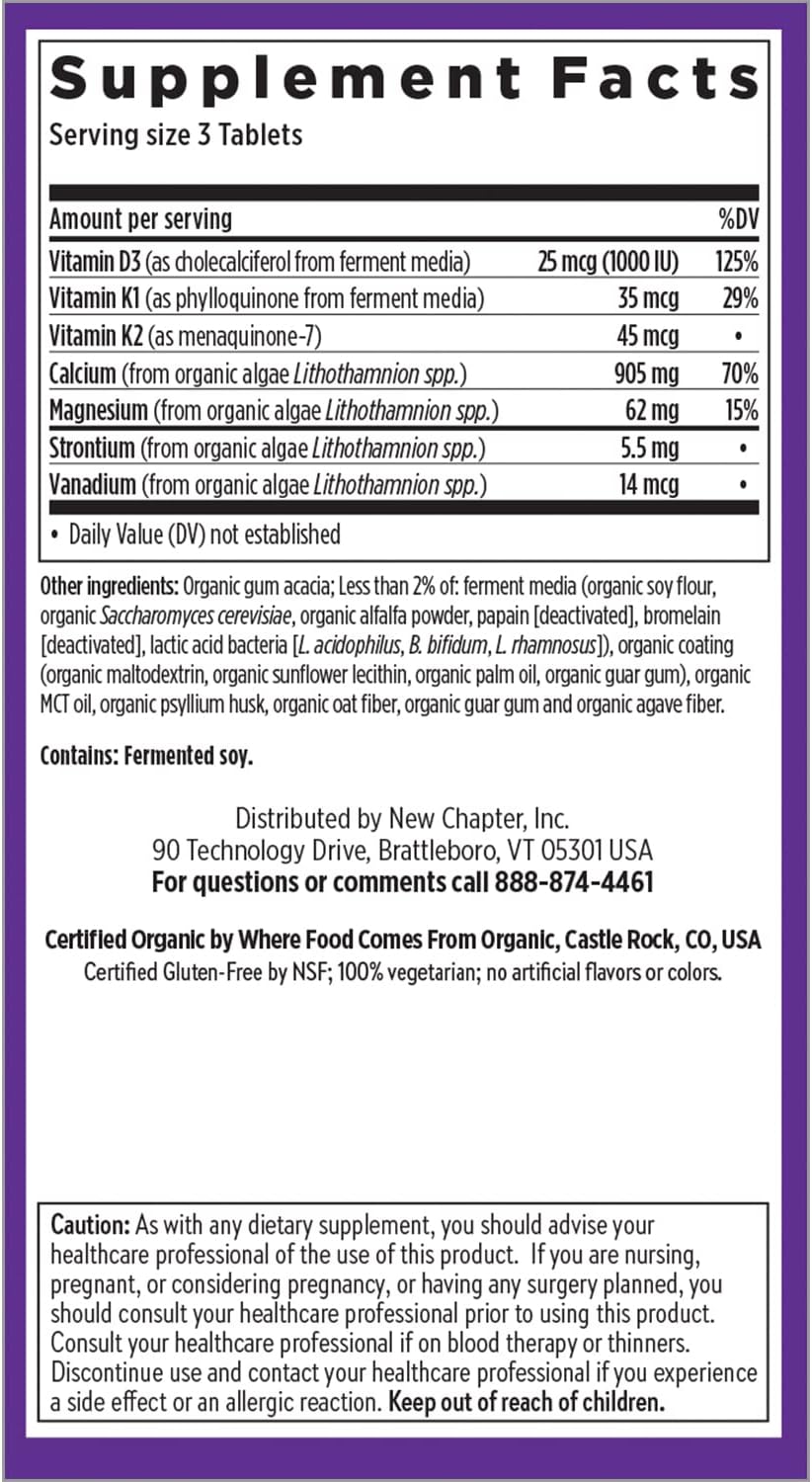 Organic Calcium Supplement with Magnesium, Vitamin D3+K2 & Trace Minerals - 120 Easy-to-Swallow Tablets for Bone Health, Gluten Free