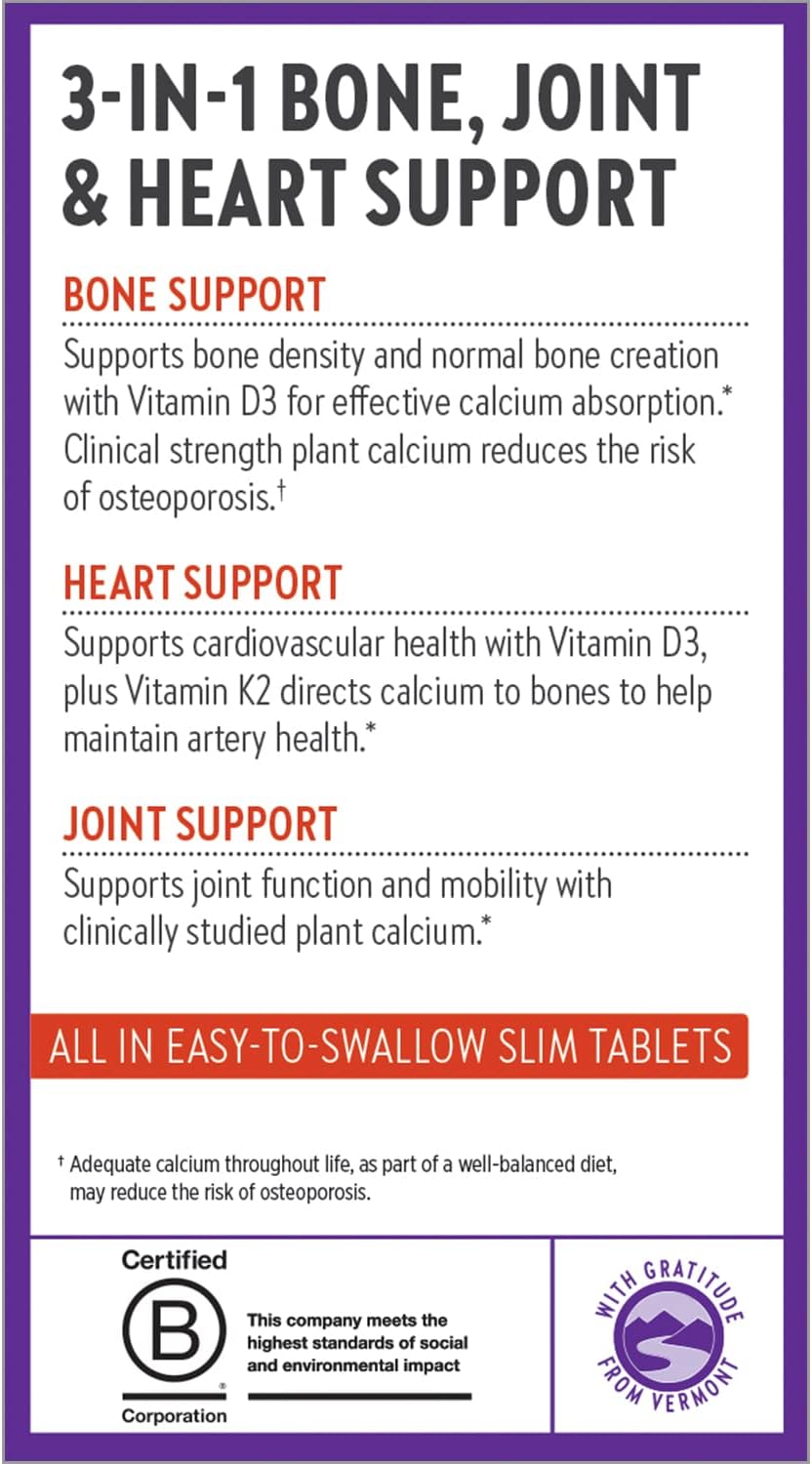 Organic Calcium Supplement with Magnesium, Vitamin D3+K2 & Trace Minerals - 120 Easy-to-Swallow Tablets for Bone Health, Gluten Free