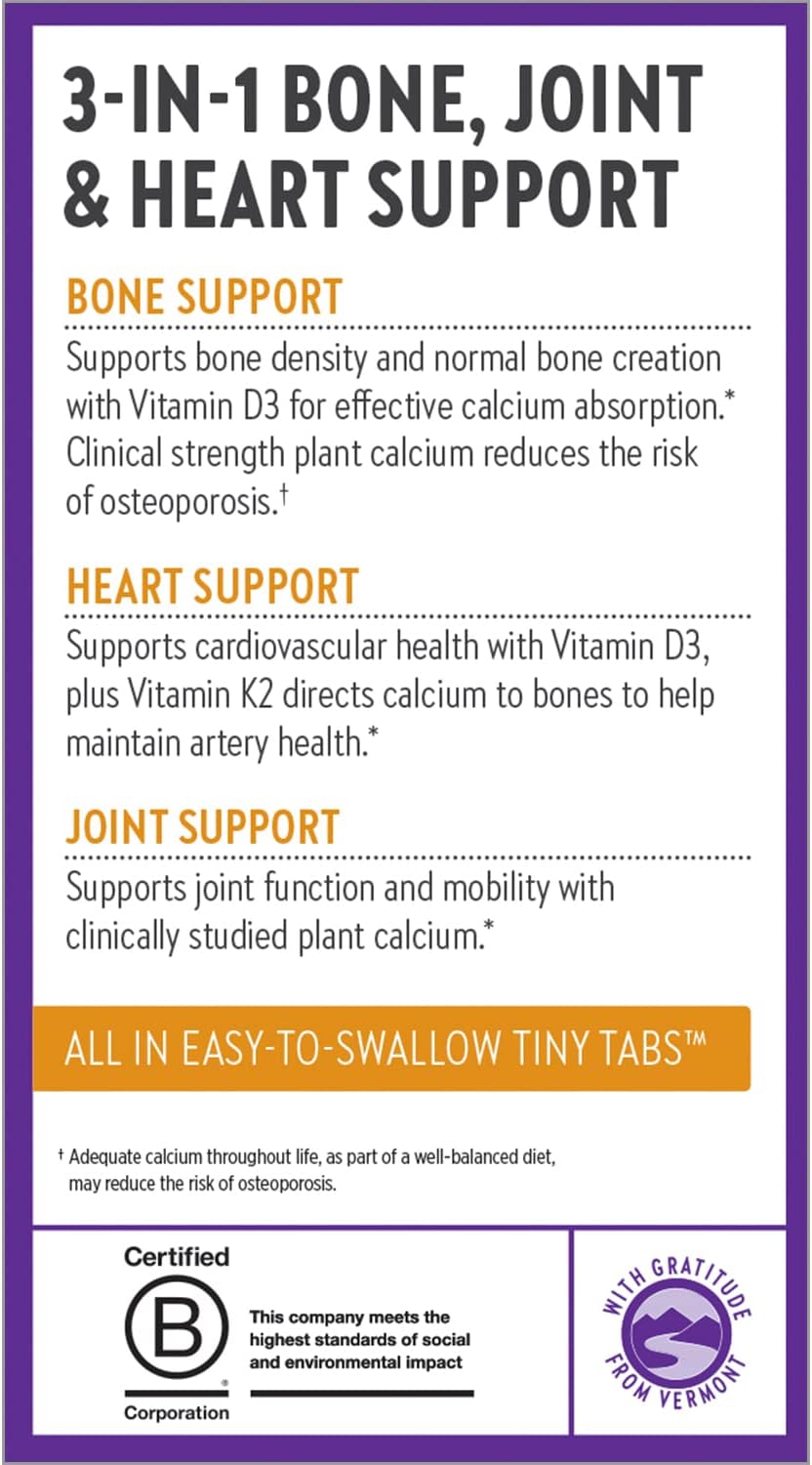 Organic Calcium Supplement with Magnesium, Vitamin D3+K2 for Bone Strength - 240 ct Easy-to-Swallow Tiny Tabs
