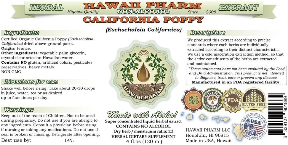Organic California Poppy Liquid Extract - Alcohol-Free, Glycerite 2x2 oz - Hawaii Pharm
