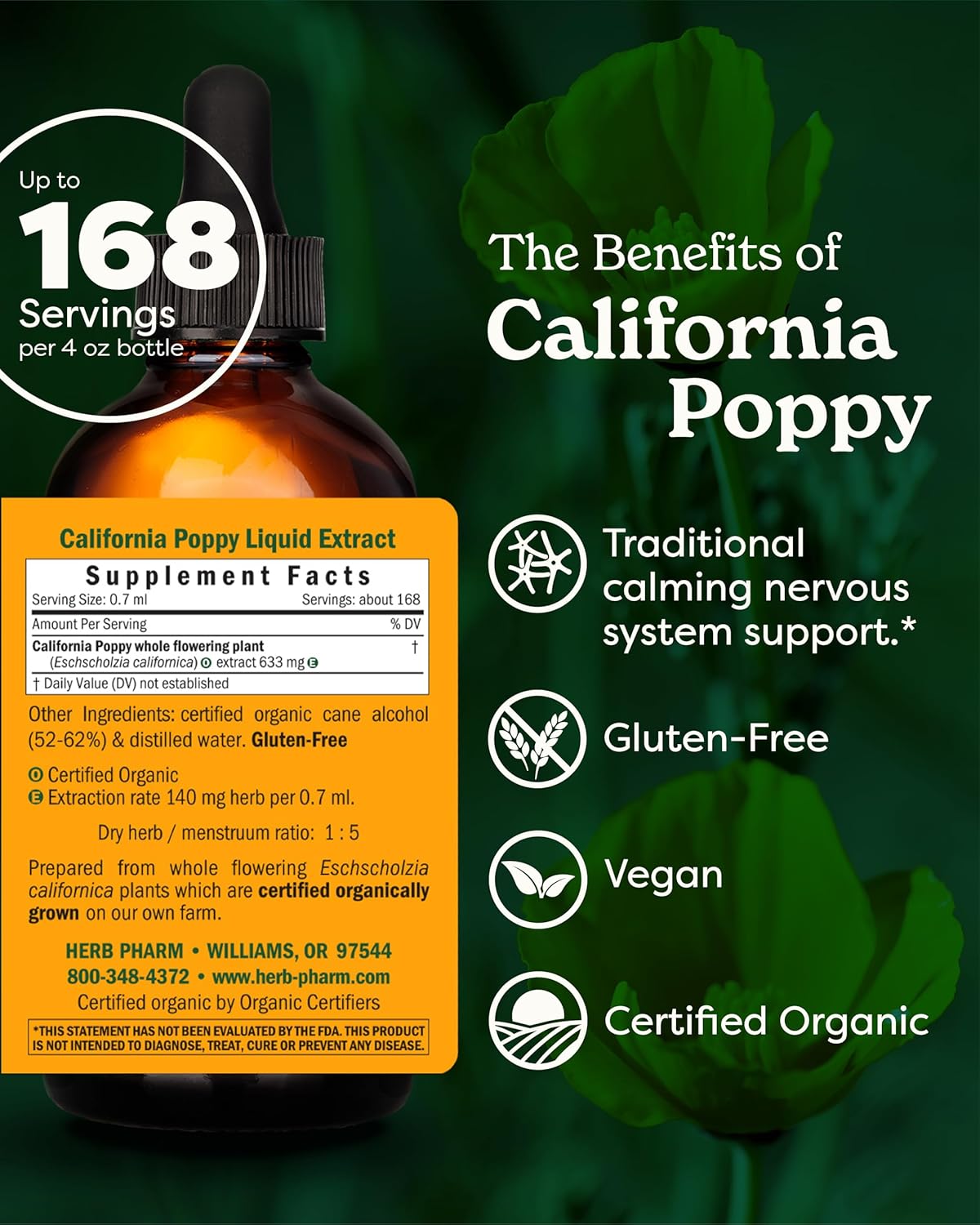 Organic California Poppy Liquid Extract for Calming Nervous System - 4 oz - Herb Pharm
