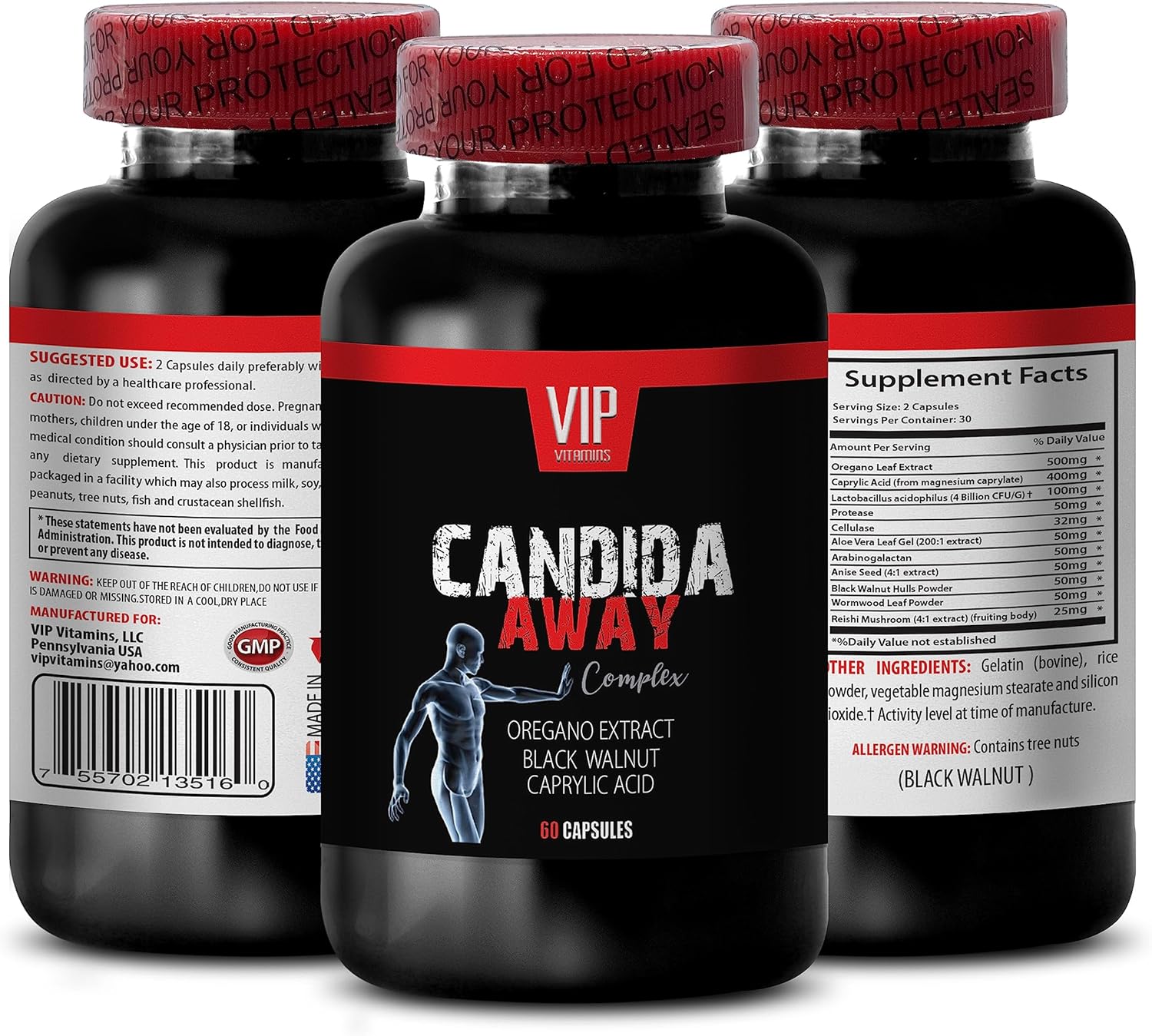 Organic Candida Away Complex with Black Walnut Extract, Aloe Vera, and Oregano Oil - Immune Booster - 180 Capsules