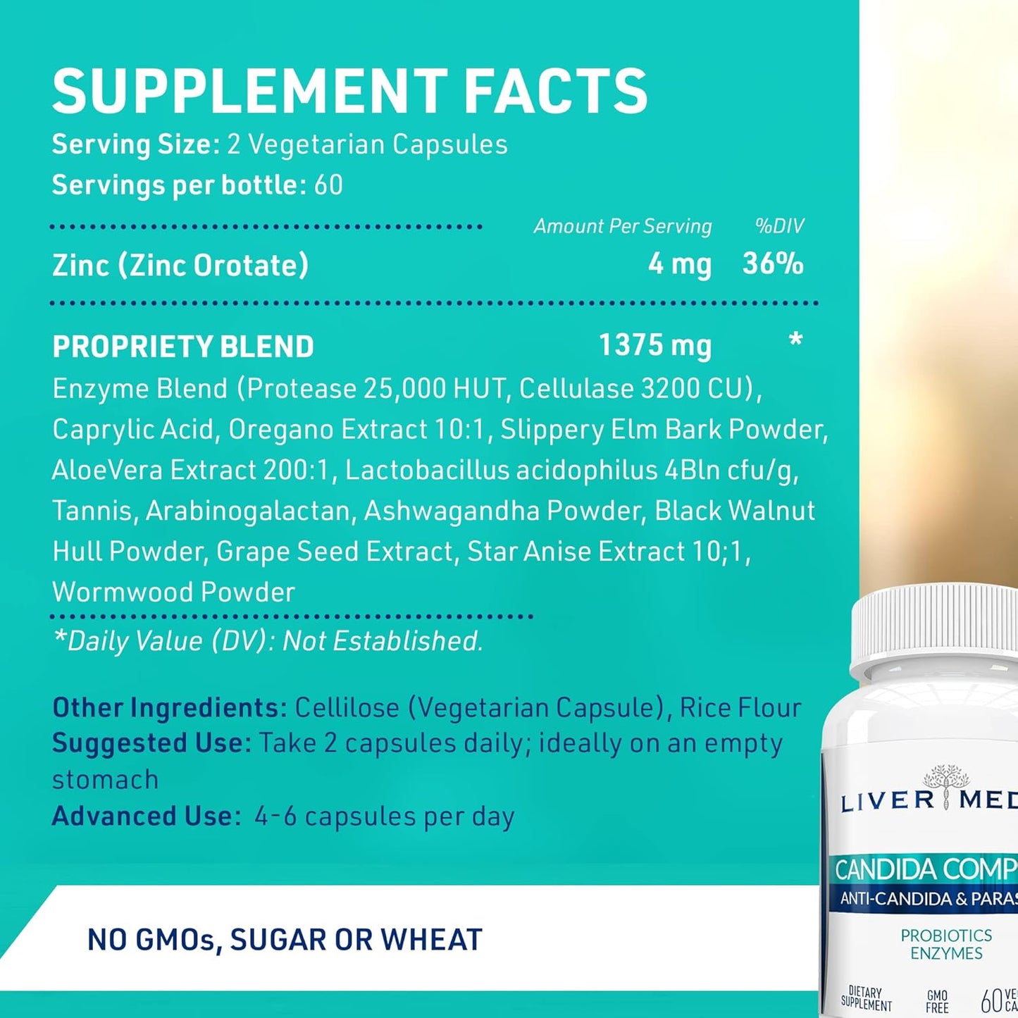 Organic Candida Cleanse Supplement with Oregano Oil, Digestive Enzymes, Probiotics, Caprylic Acid, Grape Seed Extract - 60 Capsules