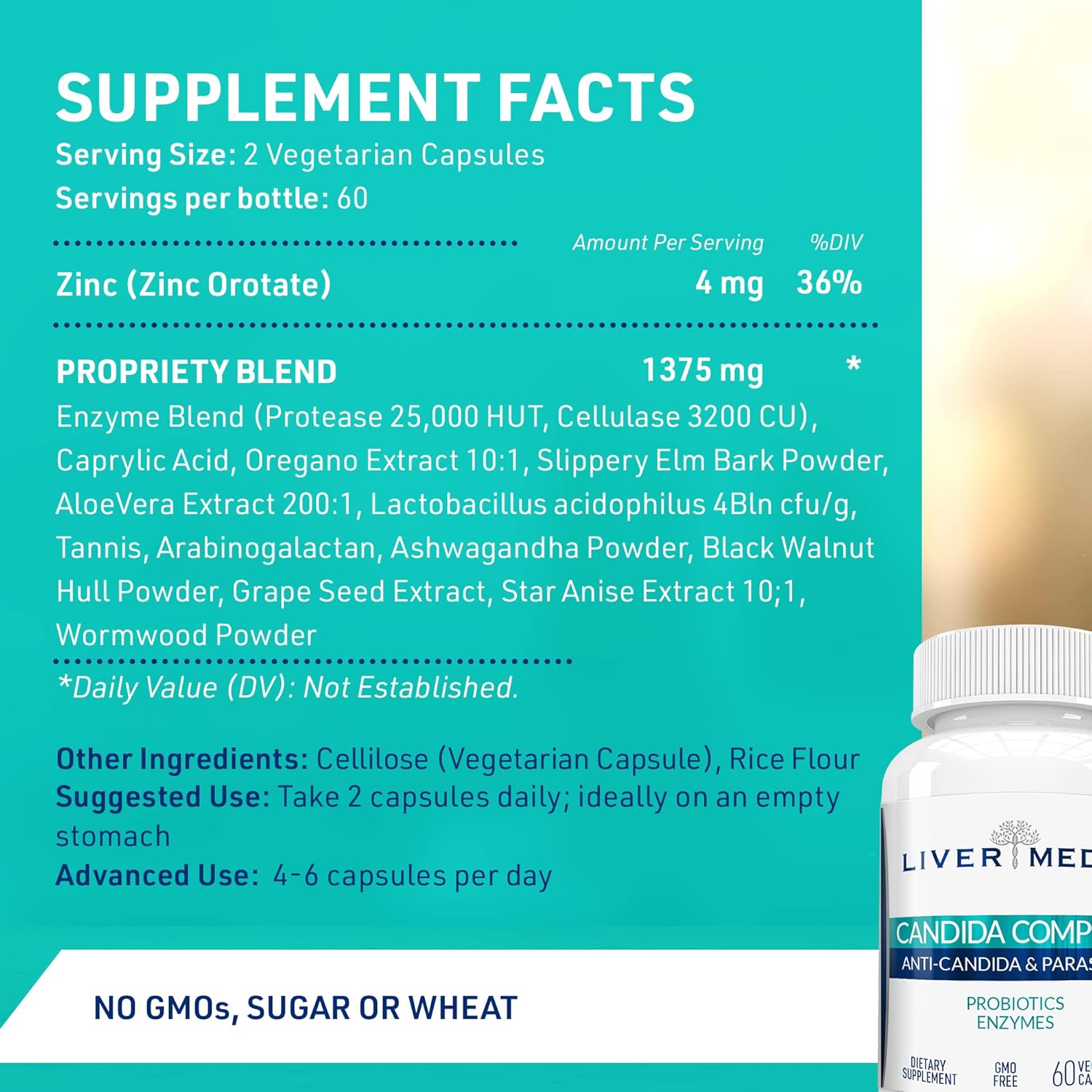 Organic Candida Cleanse Supplement with Oregano Oil, Digestive Enzymes, Probiotics, Caprylic Acid, Grape Seed Extract - 60 Capsules