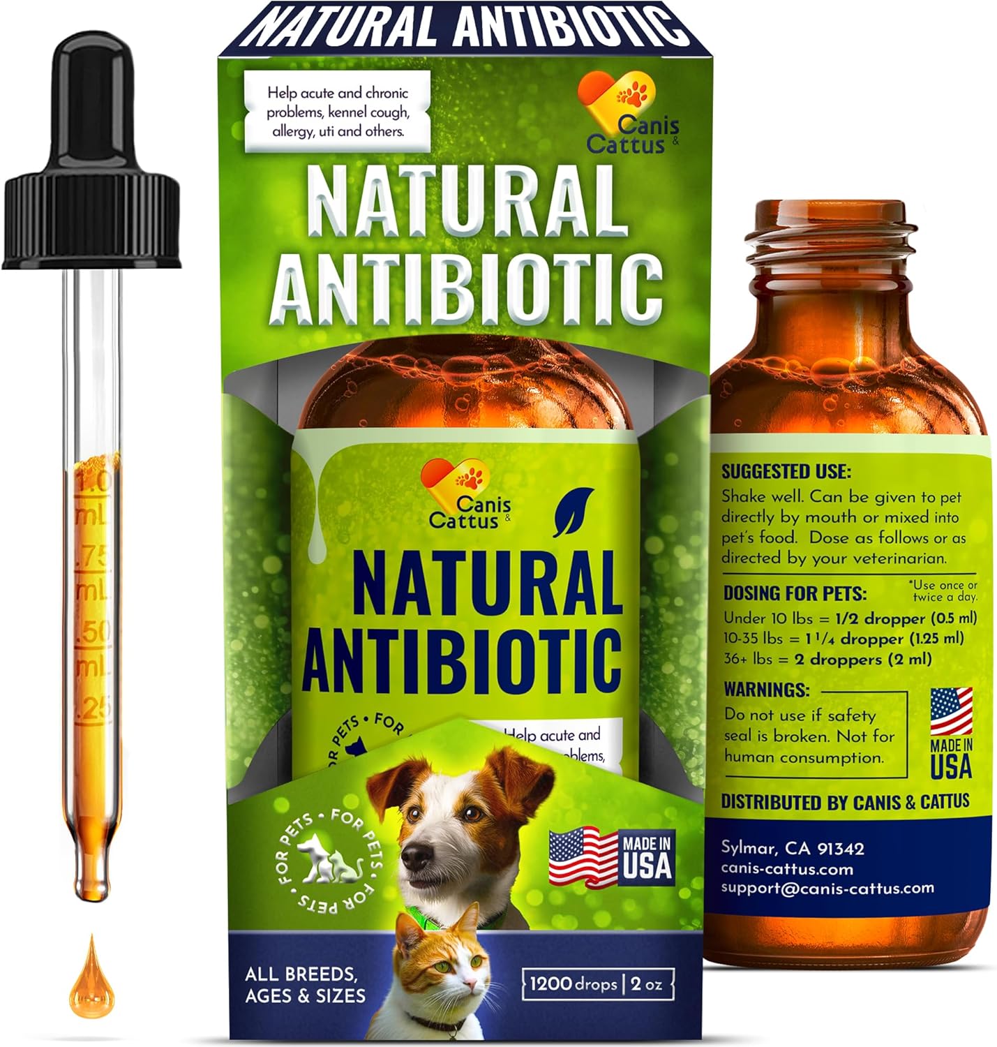 Organic Canis&Cattus Dog and Cat Antibiotic Drops for Infections, Allergies, UTIs, Itching, Cough | Natural Antibiotics for Bones, Eyes, Coat | 2 Oz
