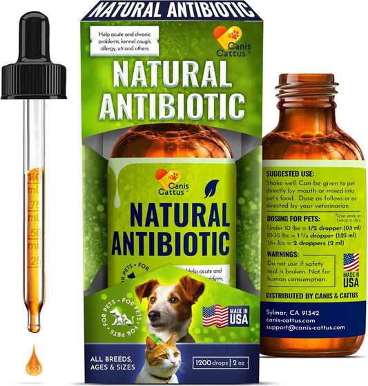 Organic Canis&Cattus Dog and Cat Antibiotic Drops for Infections, Allergies, UTIs, Itching, Cough | Natural Antibiotics for Bones, Eyes, Coat | 2 Oz