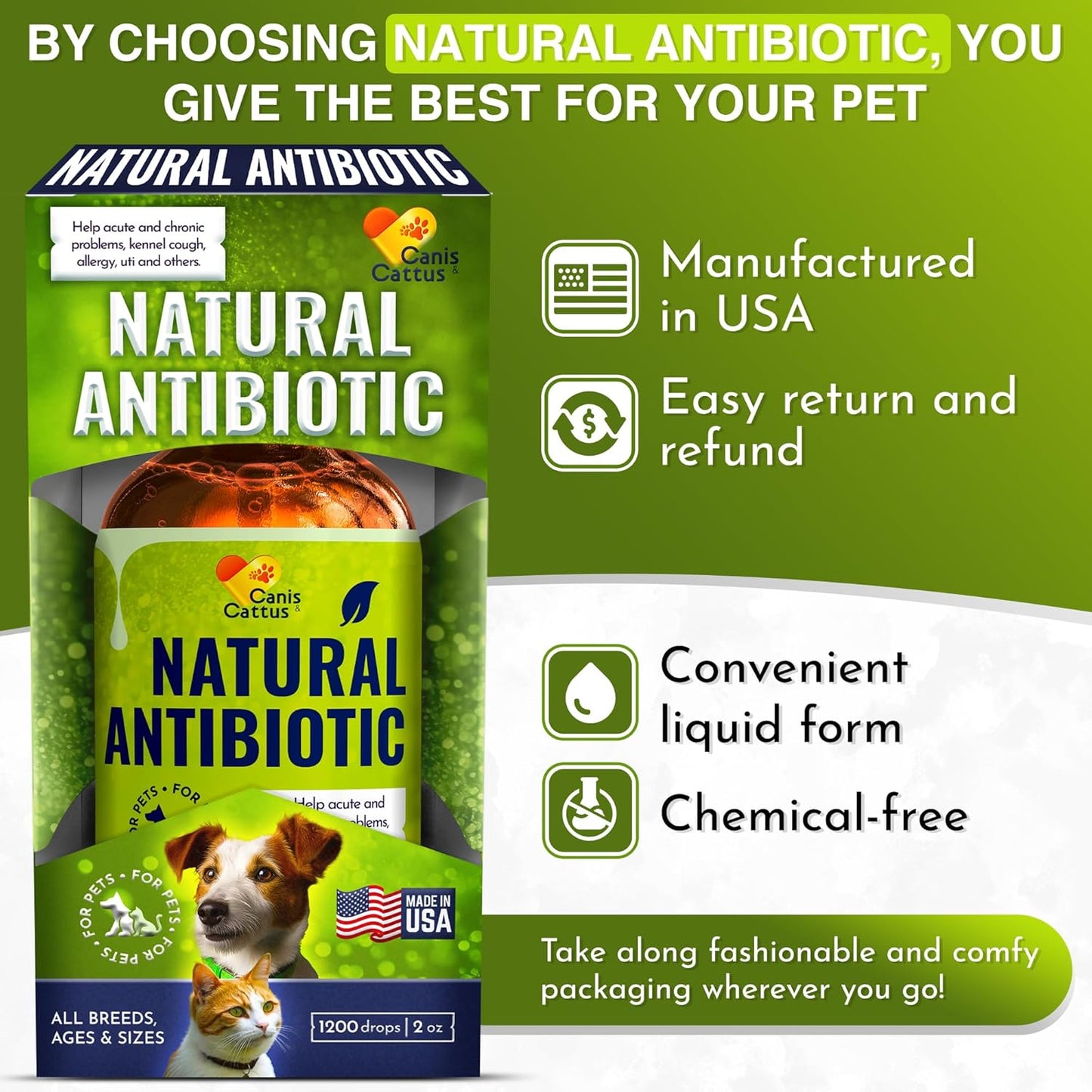 Organic Canis&Cattus Dog and Cat Antibiotic Drops for Infections, Allergies, UTIs, Itching, Cough | Natural Antibiotics for Bones, Eyes, Coat | 2 Oz