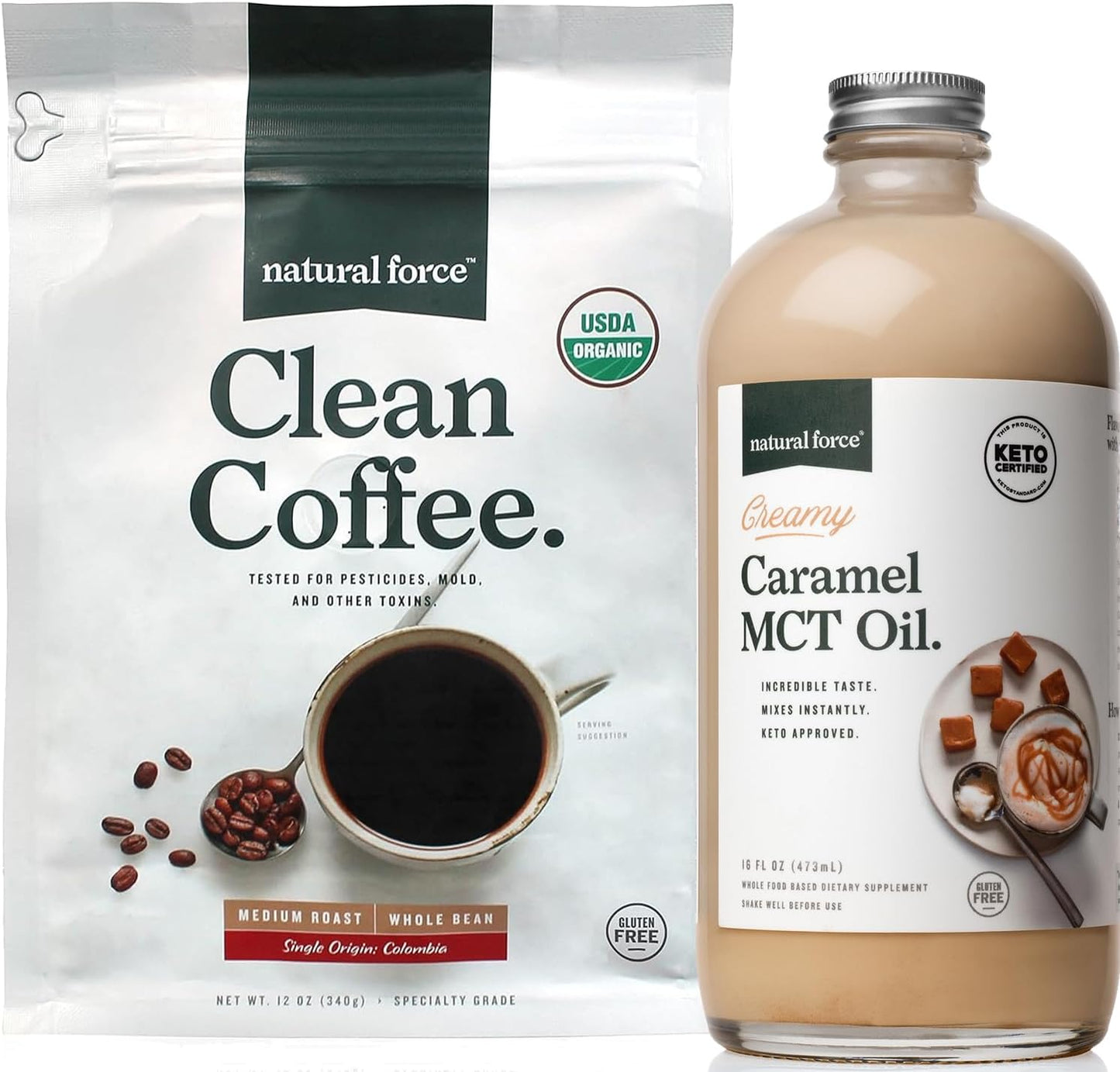 Organic Caramel MCT Oil Bundle with Clean Coffee - Non-GMO, Keto, Paleo, Vegan - 12 Oz Bag + 16 Oz Bottle
