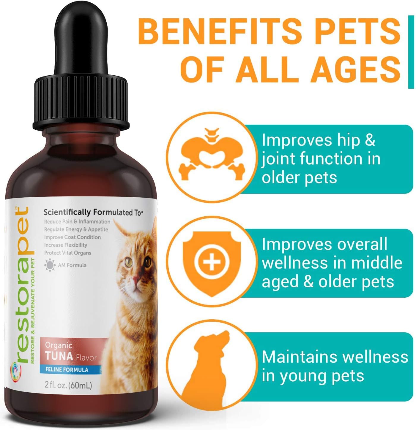 Organic Cat Supplement for Mobility & Energy | Antioxidant Anti-Inflammatory Drops | Tuna Flavored Joint Support for Cats